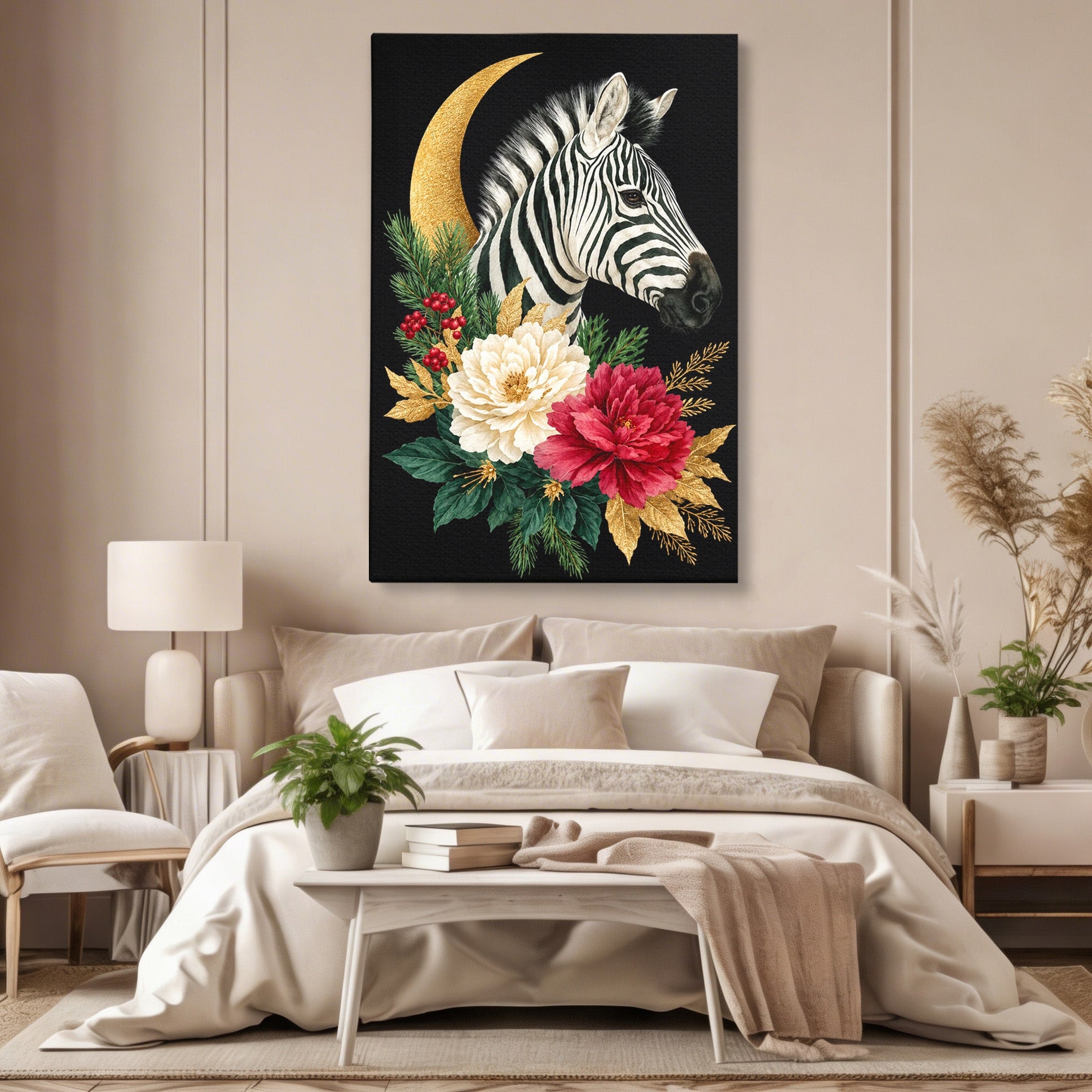 Tablou Canvas Premium LuxCanva® M1592, Zebra Cu Flori, Zebra, Flori, Natura, Decorativ, Living, Culori Vibrante
