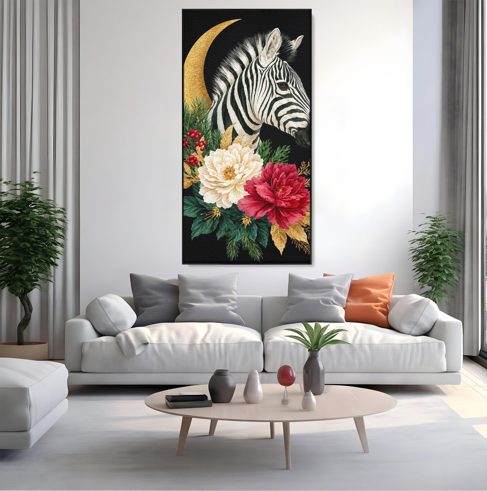 Tablou Canvas Premium LuxCanva® M1592, Zebra Cu Flori, Zebra, Flori, Natura, Decorativ, Living, Culori Vibrante