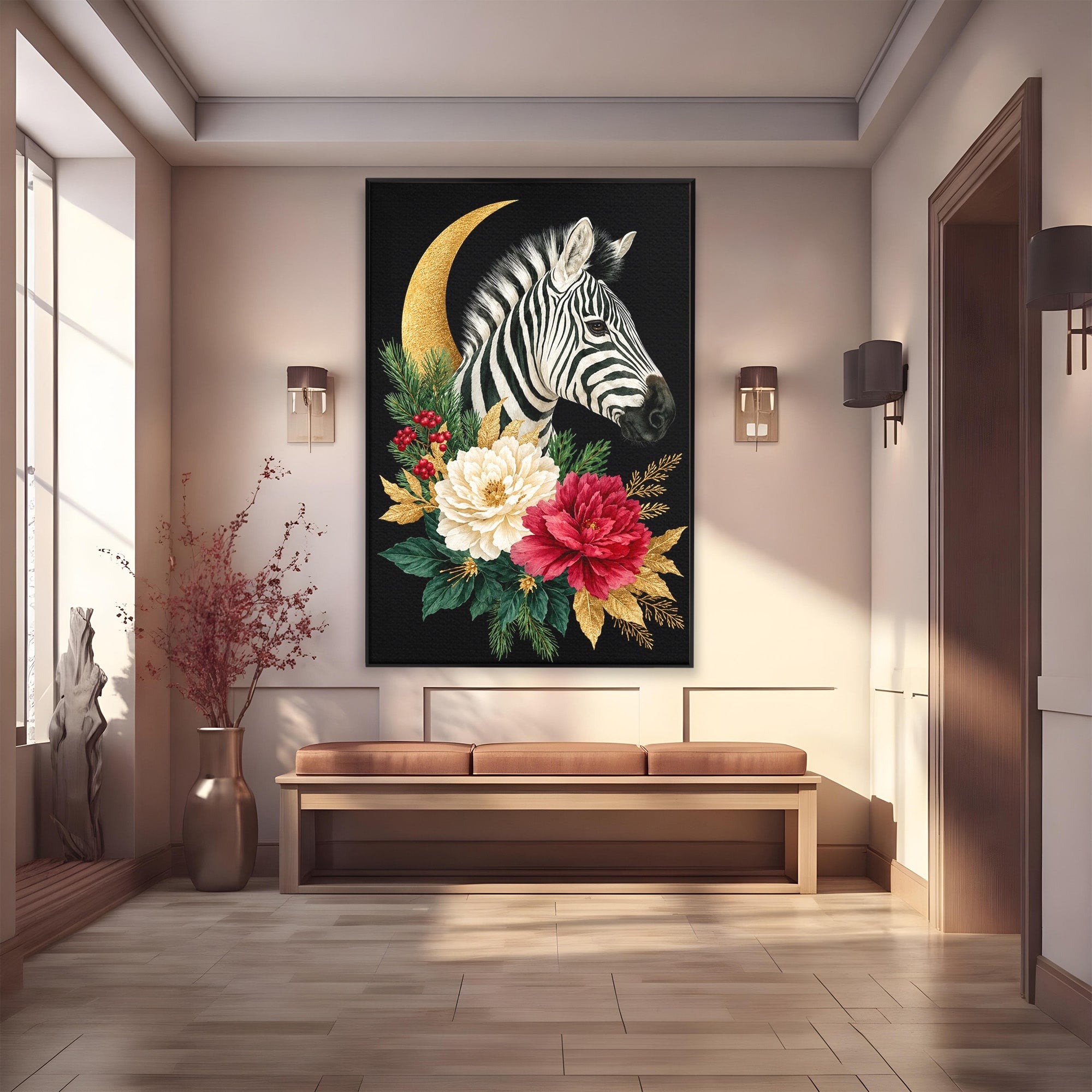 Tablou Canvas Premium LuxCanva® M1592, Zebra Cu Flori, Zebra, Flori, Natura, Decorativ, Living, Culori Vibrante