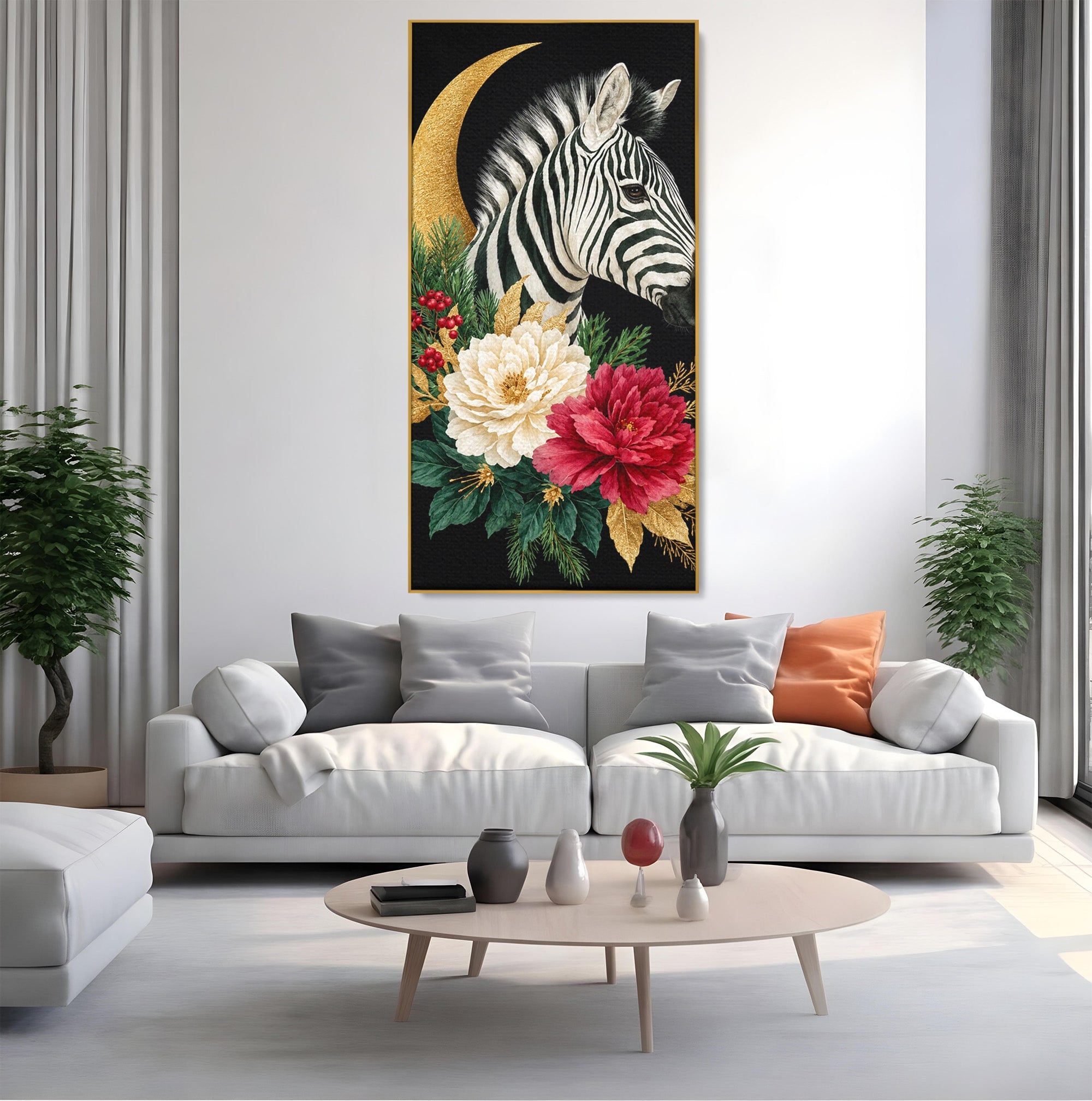 Tablou Canvas Premium LuxCanva® M1592, Zebra Cu Flori, Zebra, Flori, Natura, Decorativ, Living, Culori Vibrante