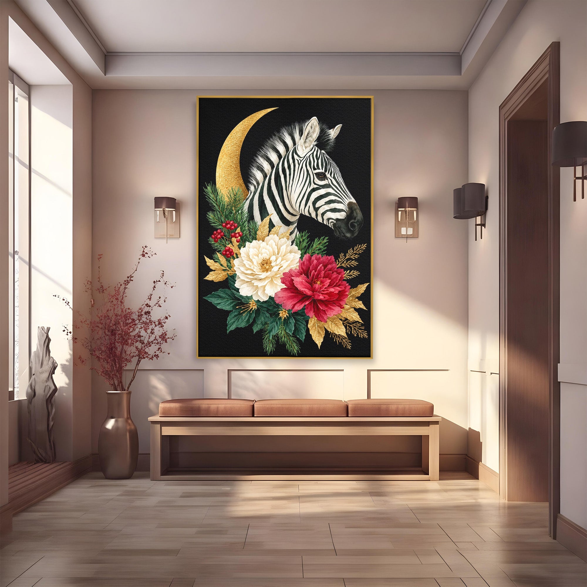 Tablou Canvas Premium LuxCanva® M1592, Zebra Cu Flori, Zebra, Flori, Natura, Decorativ, Living, Culori Vibrante