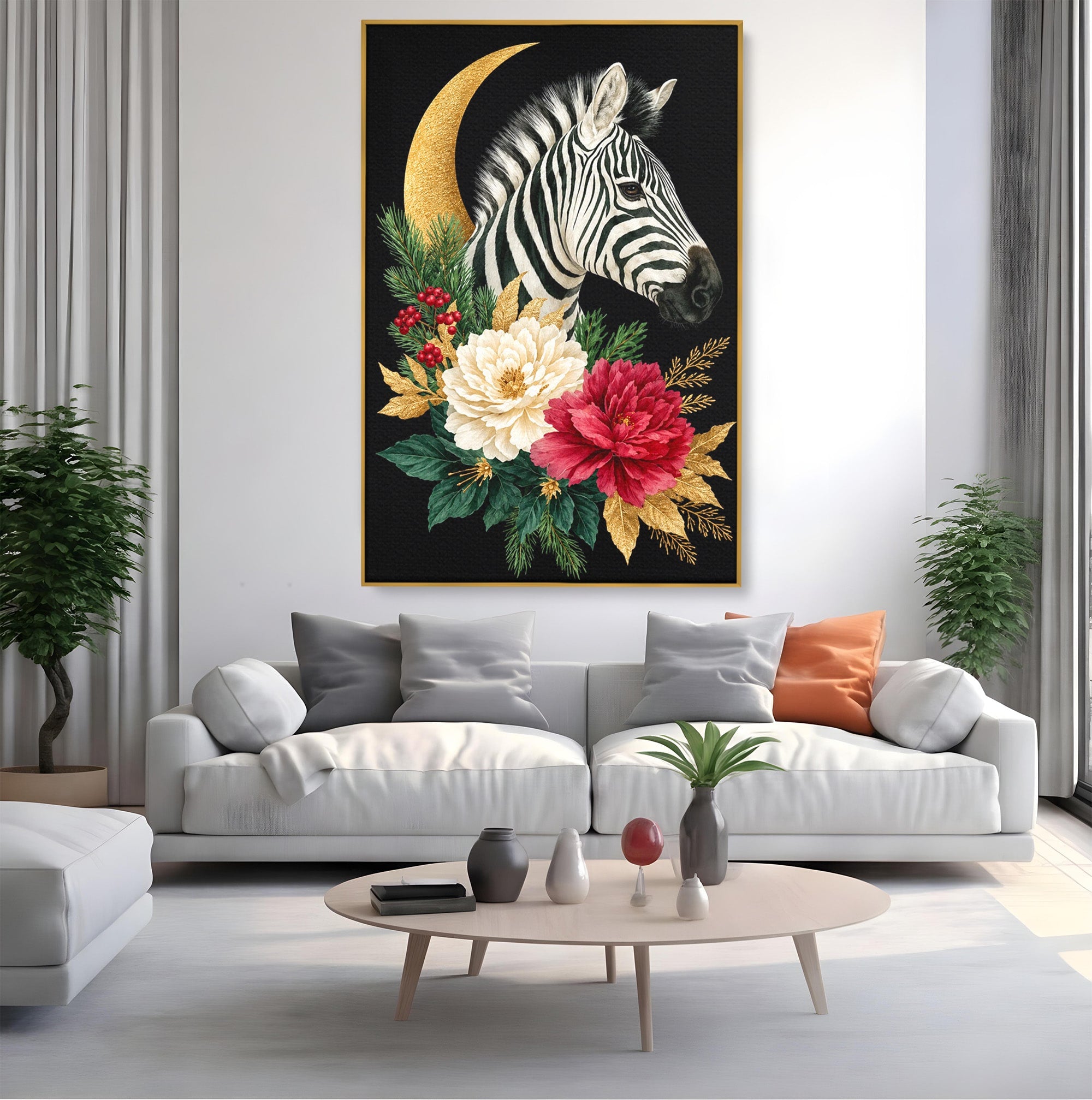Tablou Canvas Premium LuxCanva® M1592, Zebra Cu Flori, Zebra, Flori, Natura, Decorativ, Living, Culori Vibrante