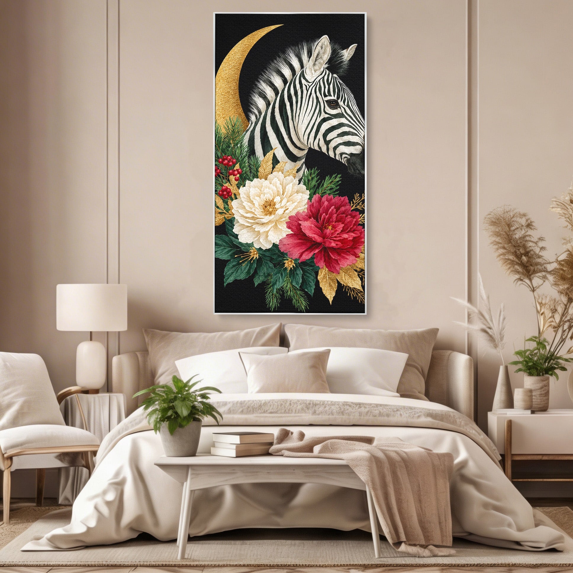 Tablou Canvas Premium LuxCanva® M1592, Zebra Cu Flori, Zebra, Flori, Natura, Decorativ, Living, Culori Vibrante
