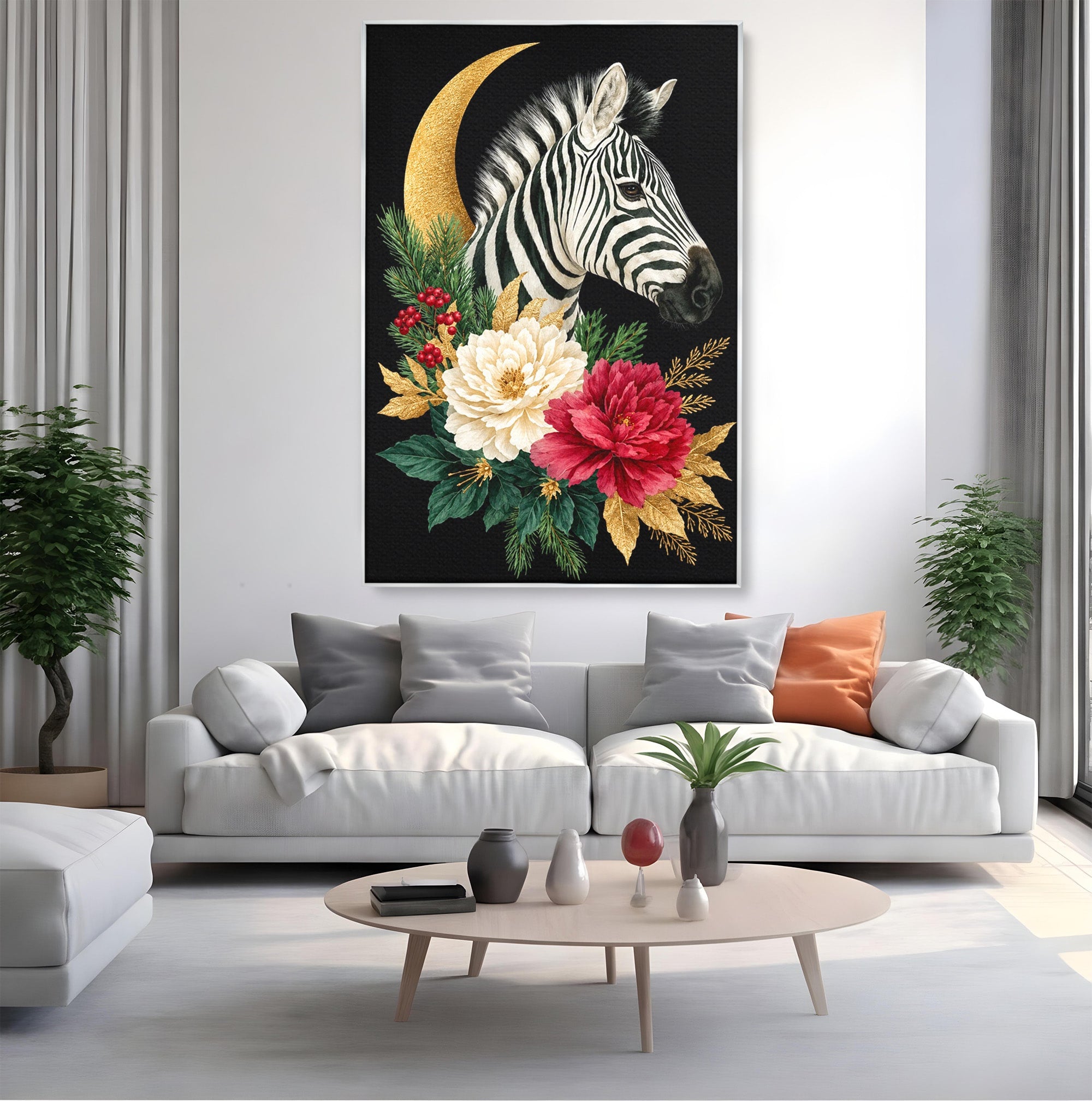 Tablou Canvas Premium LuxCanva® M1592, Zebra Cu Flori, Zebra, Flori, Natura, Decorativ, Living, Culori Vibrante