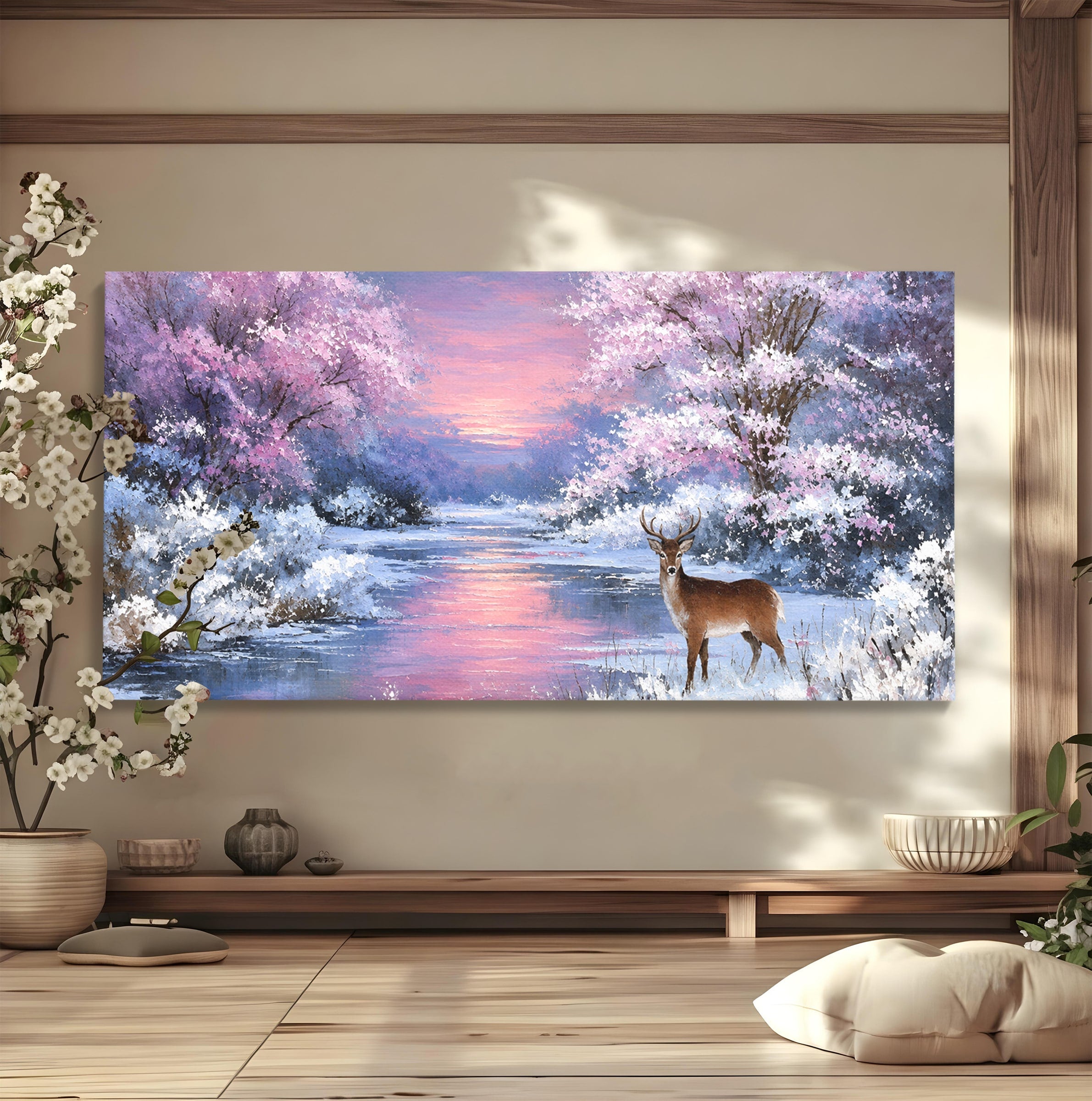 Tablou Canvas Premium LuxCanva® M1594, Cerb In Peisaj De Iarna, Cerb, Iarna, Peisaj, Natura, Living, Culori Vibrante