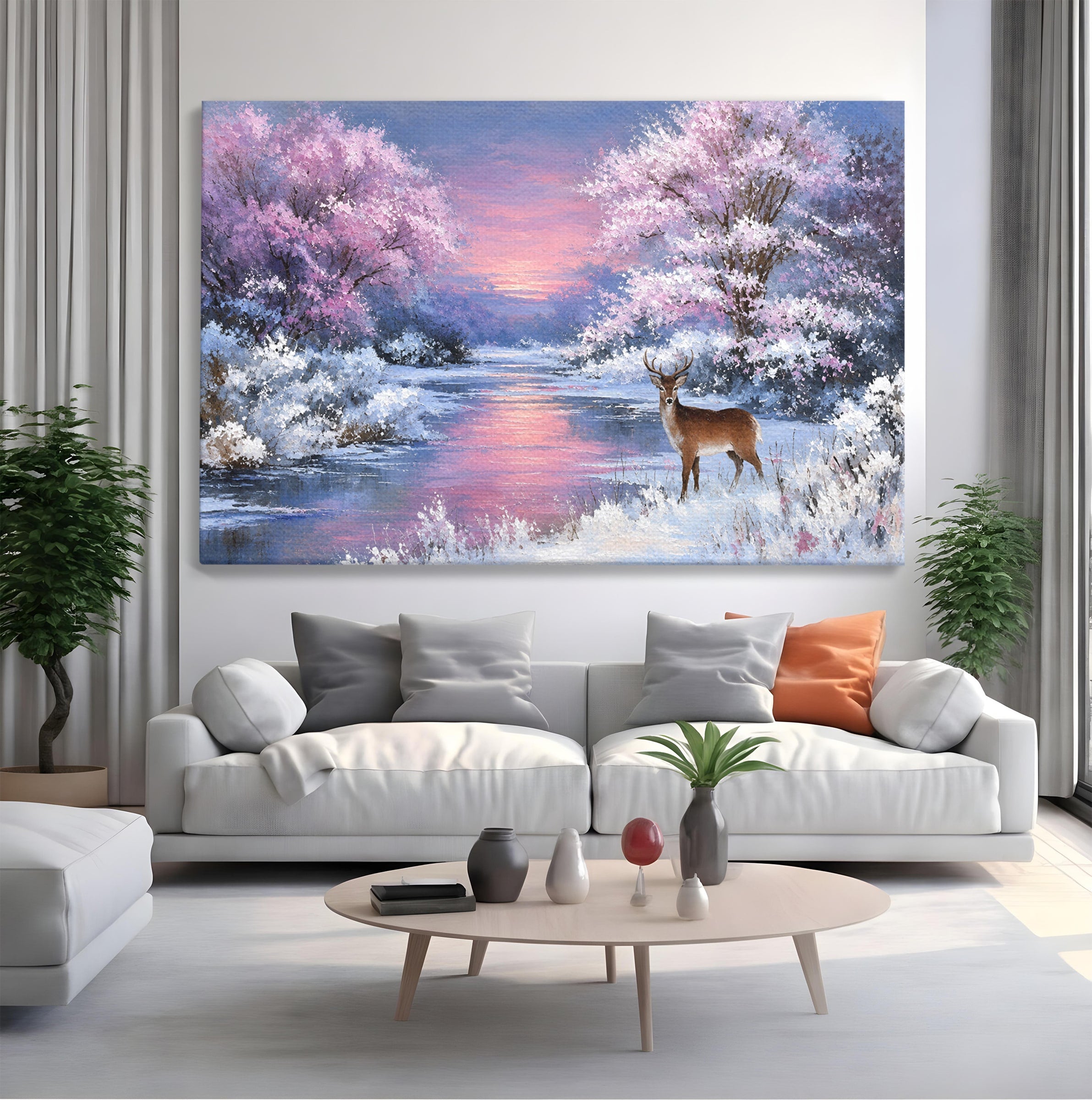 Tablou Canvas Premium LuxCanva® M1594, Cerb In Peisaj De Iarna, Cerb, Iarna, Peisaj, Natura, Living, Culori Vibrante
