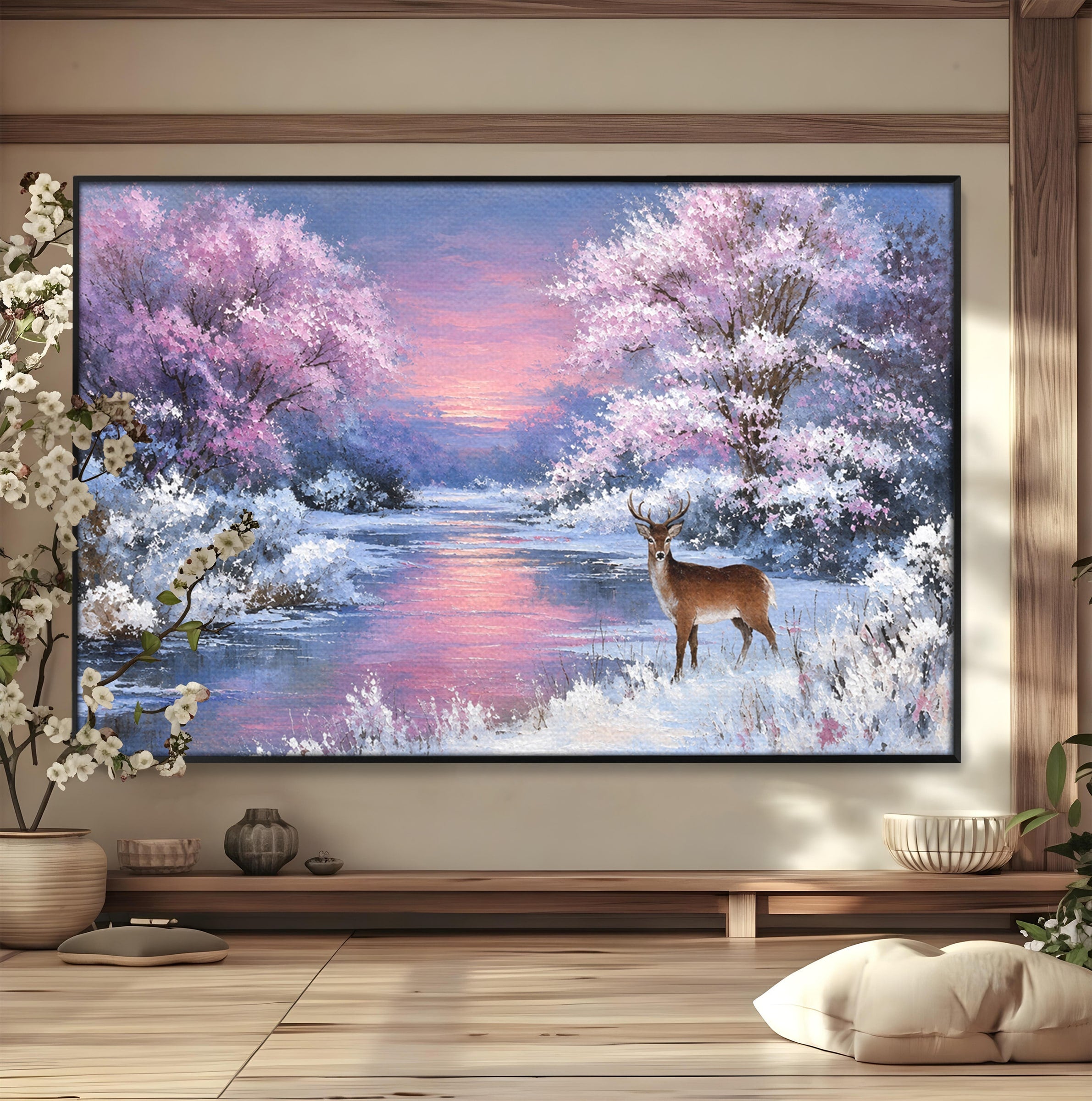Tablou Canvas Premium LuxCanva® M1594, Cerb In Peisaj De Iarna, Cerb, Iarna, Peisaj, Natura, Living, Culori Vibrante