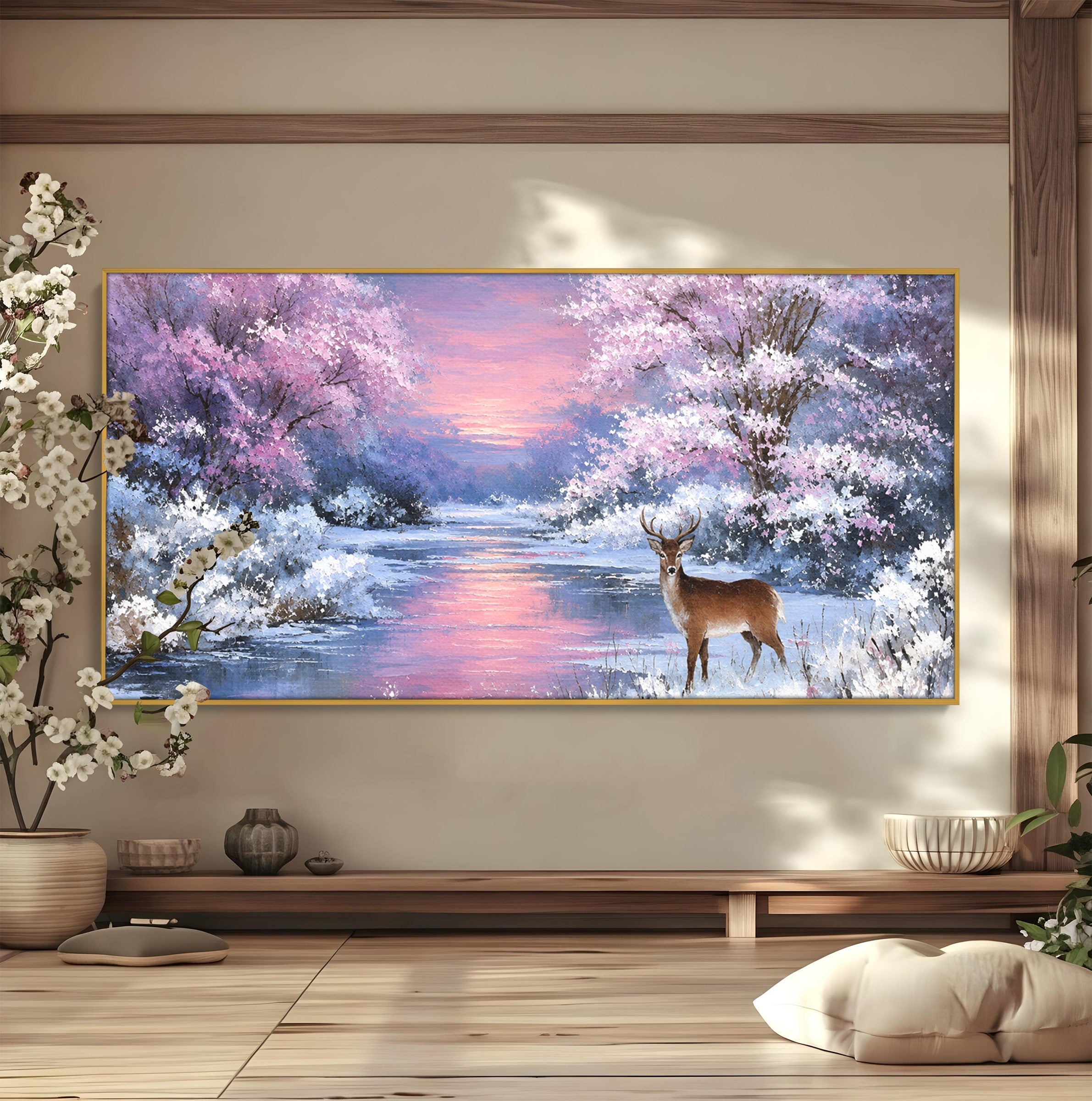 Tablou Canvas Premium LuxCanva® M1594, Cerb In Peisaj De Iarna, Cerb, Iarna, Peisaj, Natura, Living, Culori Vibrante