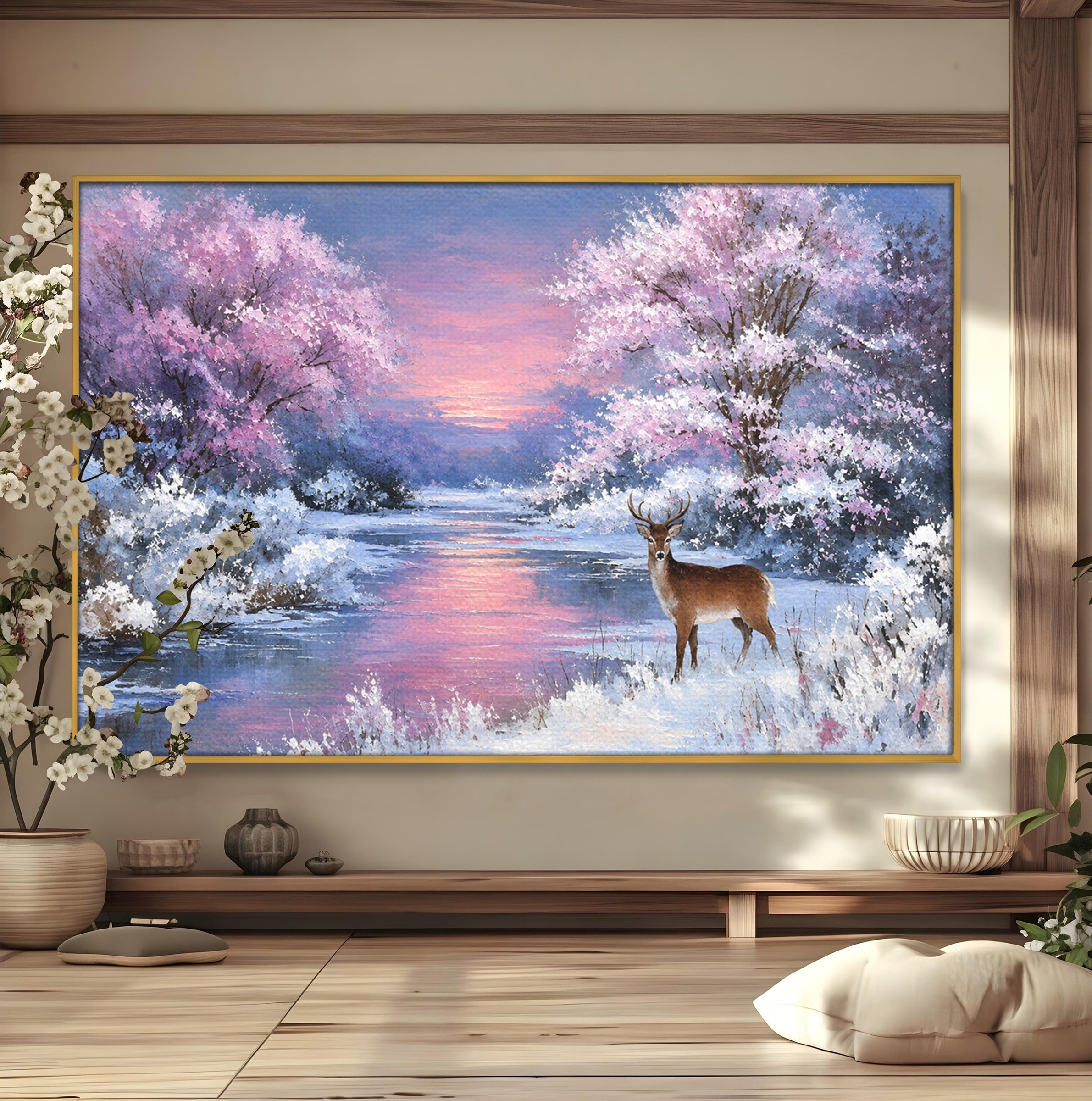 Tablou Canvas Premium LuxCanva® M1594, Cerb In Peisaj De Iarna, Cerb, Iarna, Peisaj, Natura, Living, Culori Vibrante