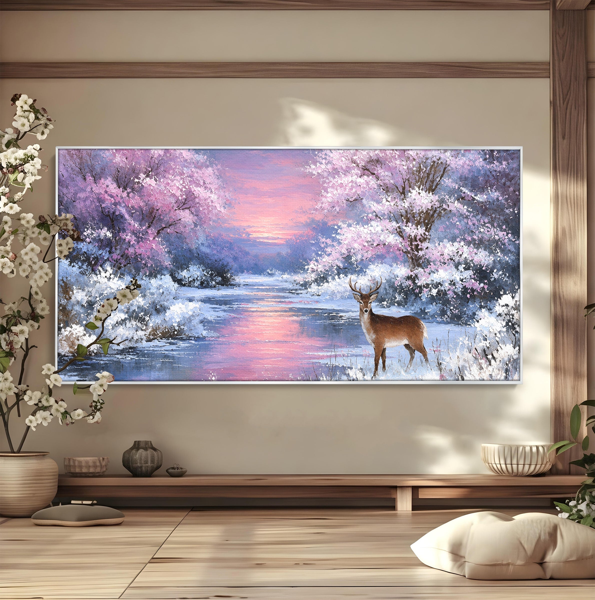 Tablou Canvas Premium LuxCanva® M1594, Cerb In Peisaj De Iarna, Cerb, Iarna, Peisaj, Natura, Living, Culori Vibrante
