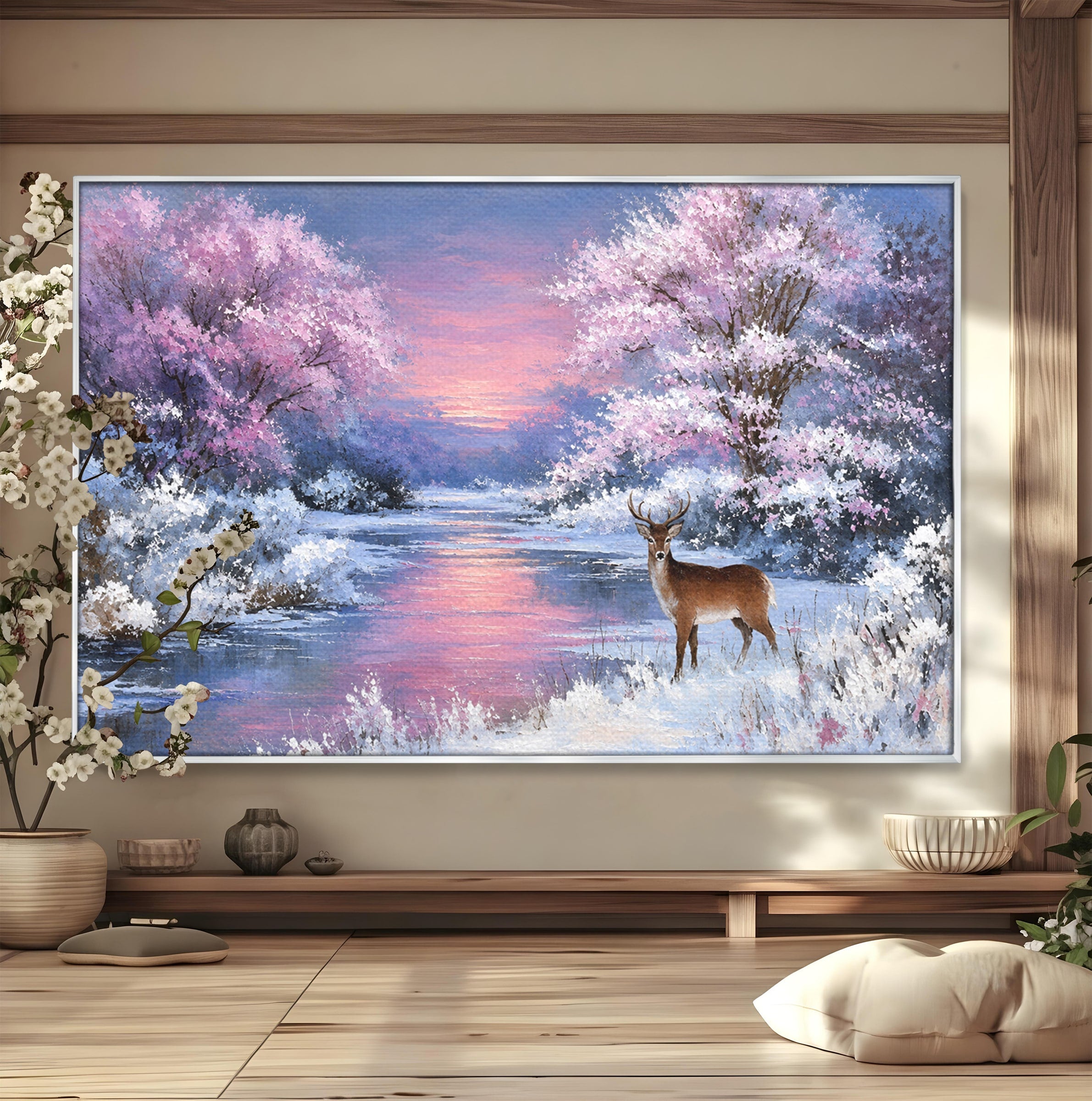 Tablou Canvas Premium LuxCanva® M1594, Cerb In Peisaj De Iarna, Cerb, Iarna, Peisaj, Natura, Living, Culori Vibrante