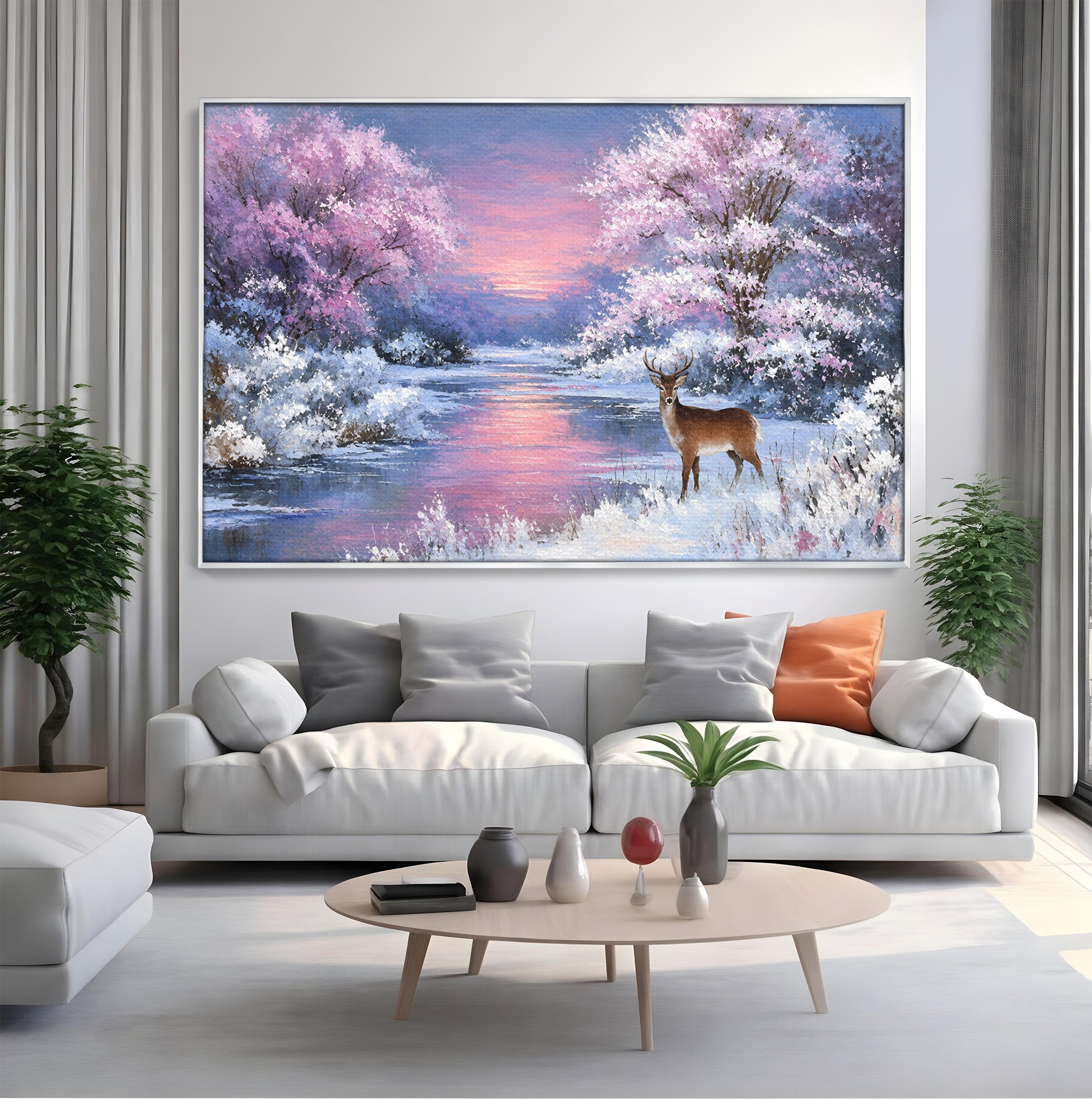 Tablou Canvas Premium LuxCanva® M1594, Cerb In Peisaj De Iarna, Cerb, Iarna, Peisaj, Natura, Living, Culori Vibrante