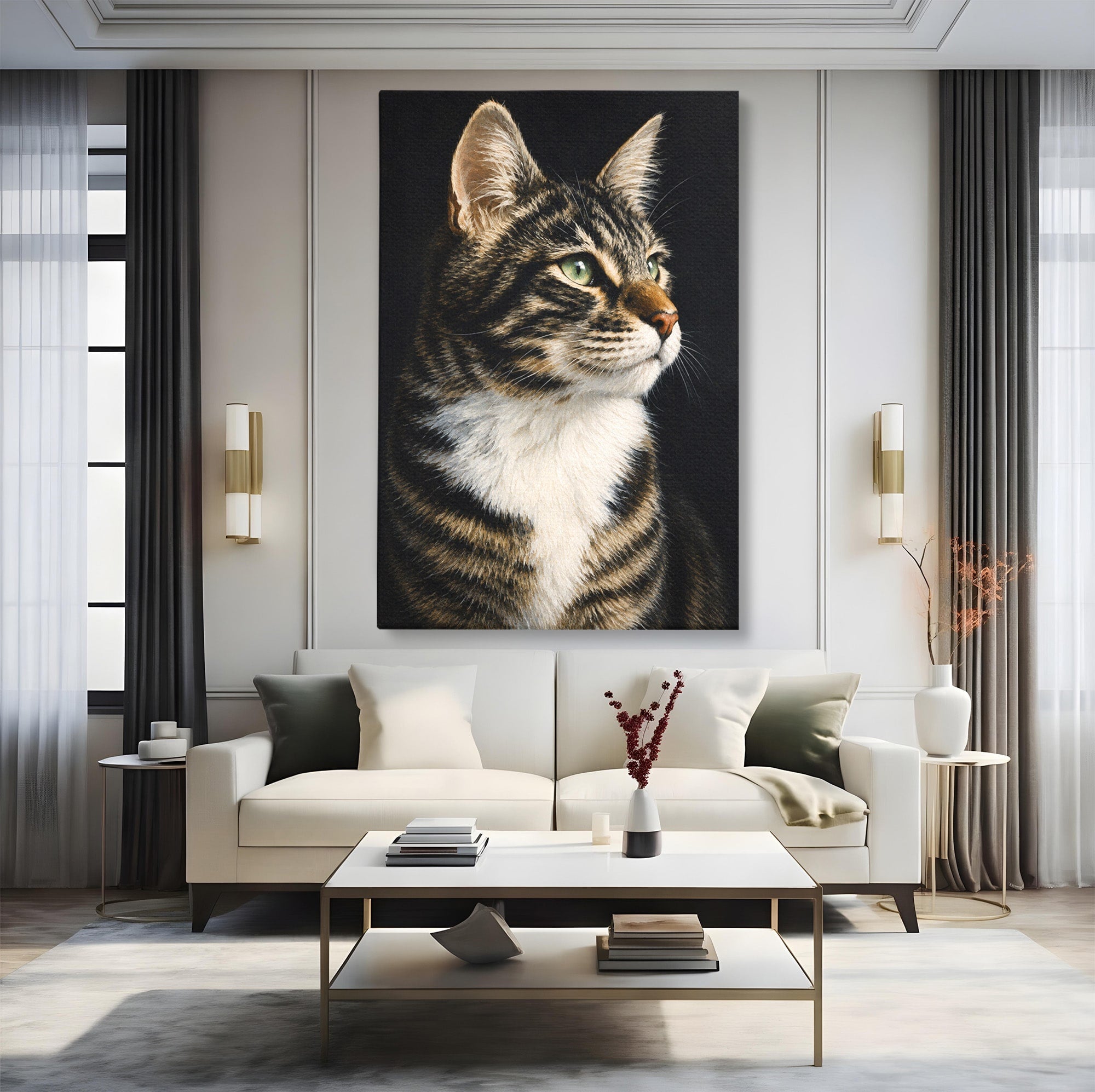 Tablou Canvas Premium LuxCanva® M1596, Pisica Privind In Departare, Pisica, Animale, Portret, Realism, Dormitor, Culori Vibrante