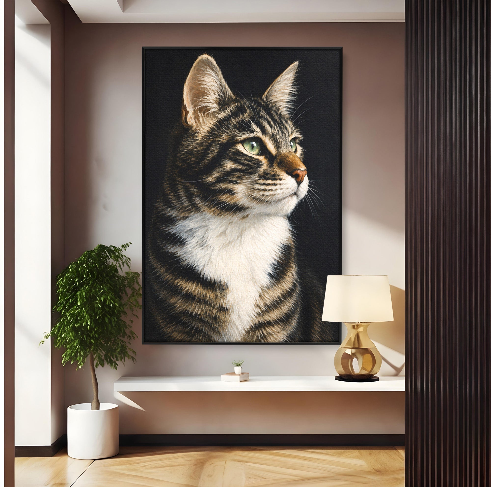 Tablou Canvas Premium LuxCanva® M1596, Pisica Privind In Departare, Pisica, Animale, Portret, Realism, Dormitor, Culori Vibrante