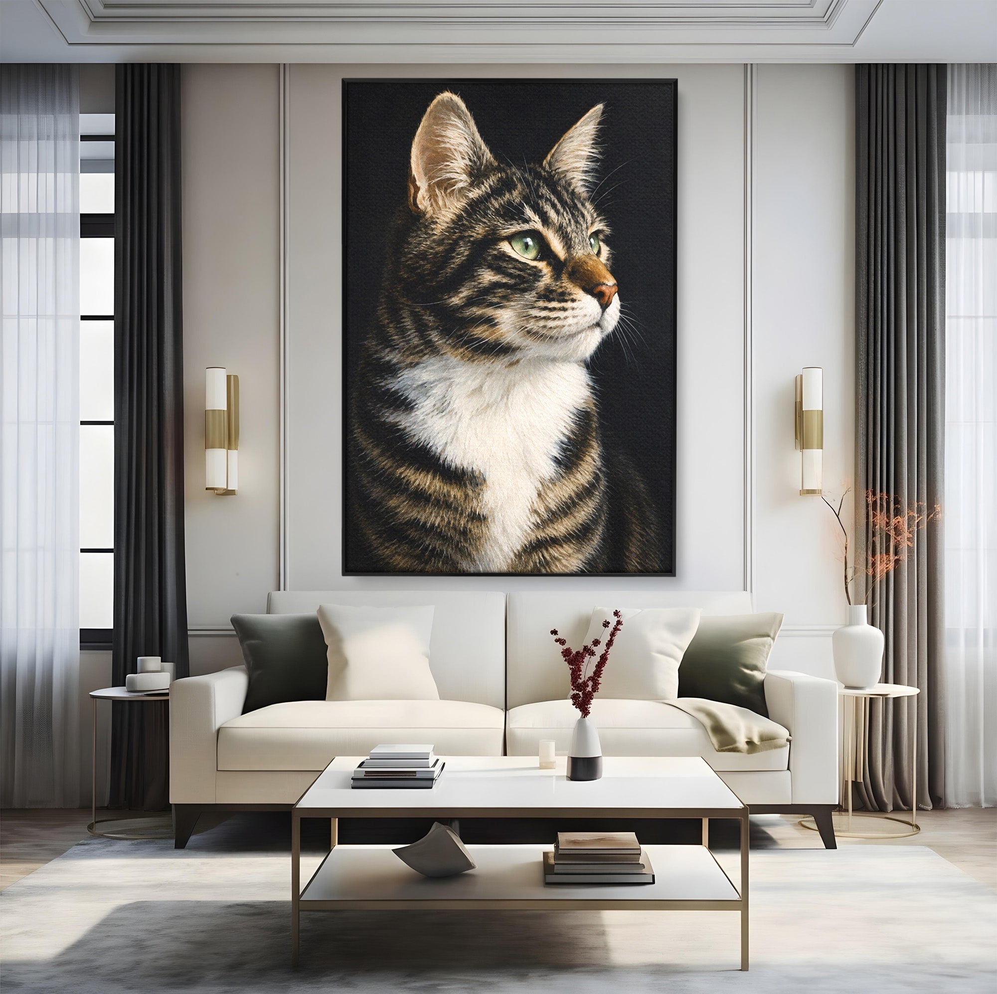 Tablou Canvas Premium LuxCanva® M1596, Pisica Privind In Departare, Pisica, Animale, Portret, Realism, Dormitor, Culori Vibrante