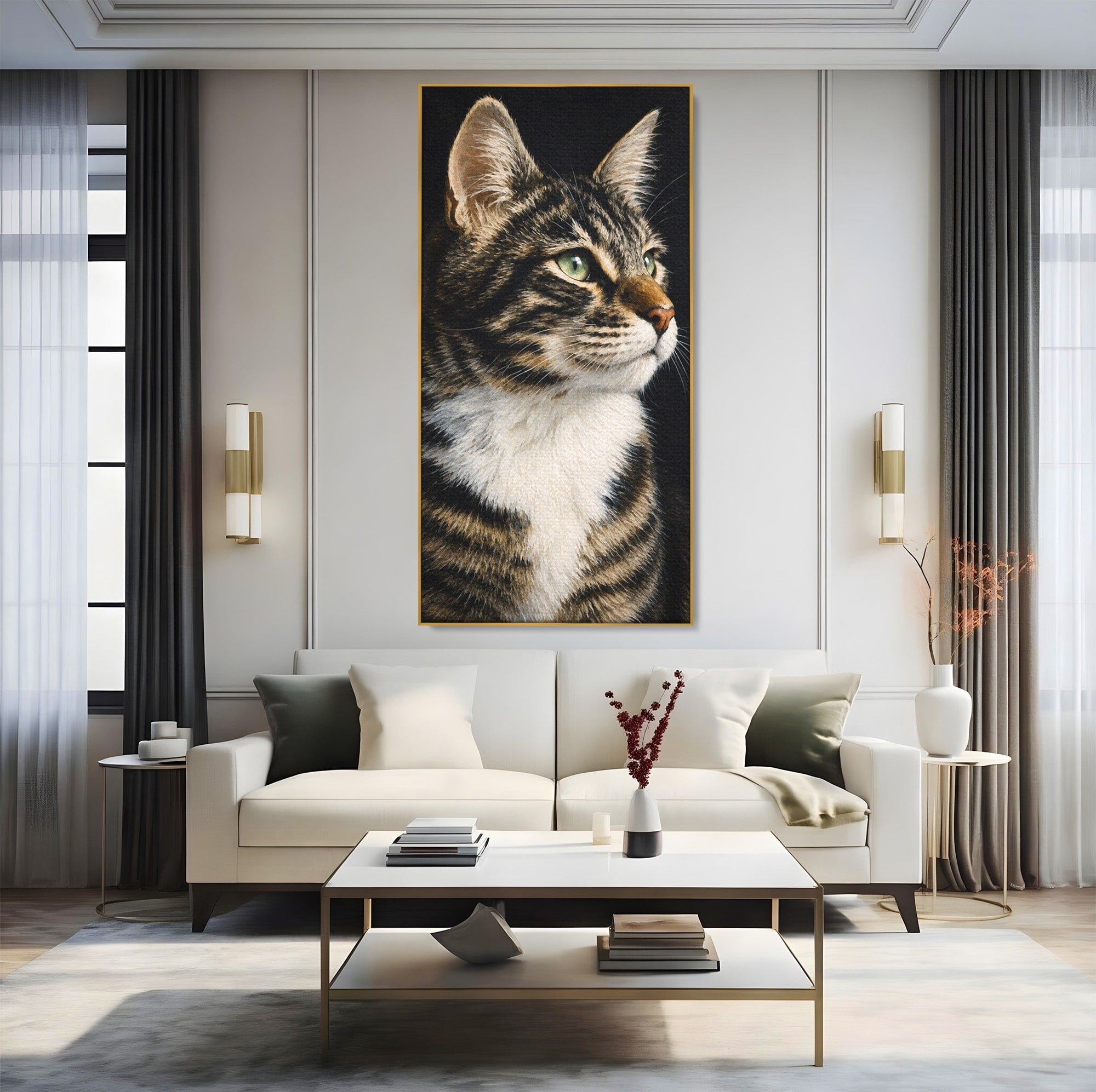 Tablou Canvas Premium LuxCanva® M1596, Pisica Privind In Departare, Pisica, Animale, Portret, Realism, Dormitor, Culori Vibrante