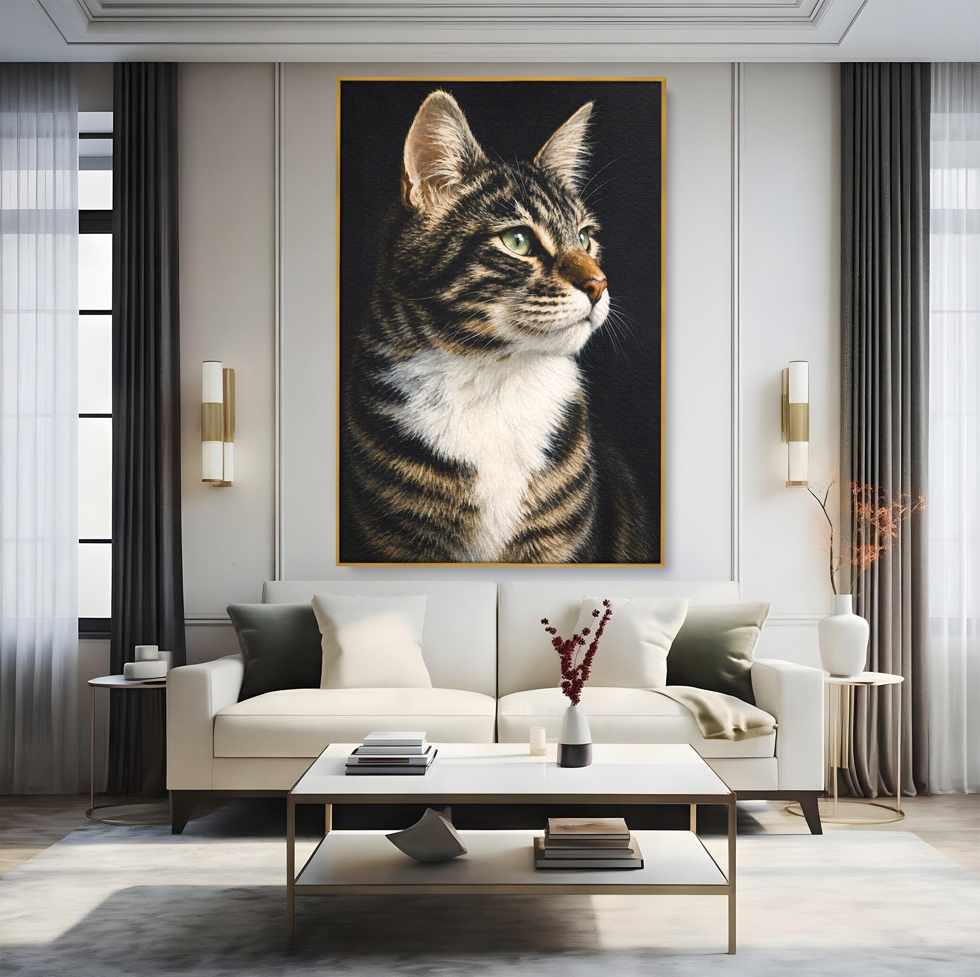 Tablou Canvas Premium LuxCanva® M1596, Pisica Privind In Departare, Pisica, Animale, Portret, Realism, Dormitor, Culori Vibrante
