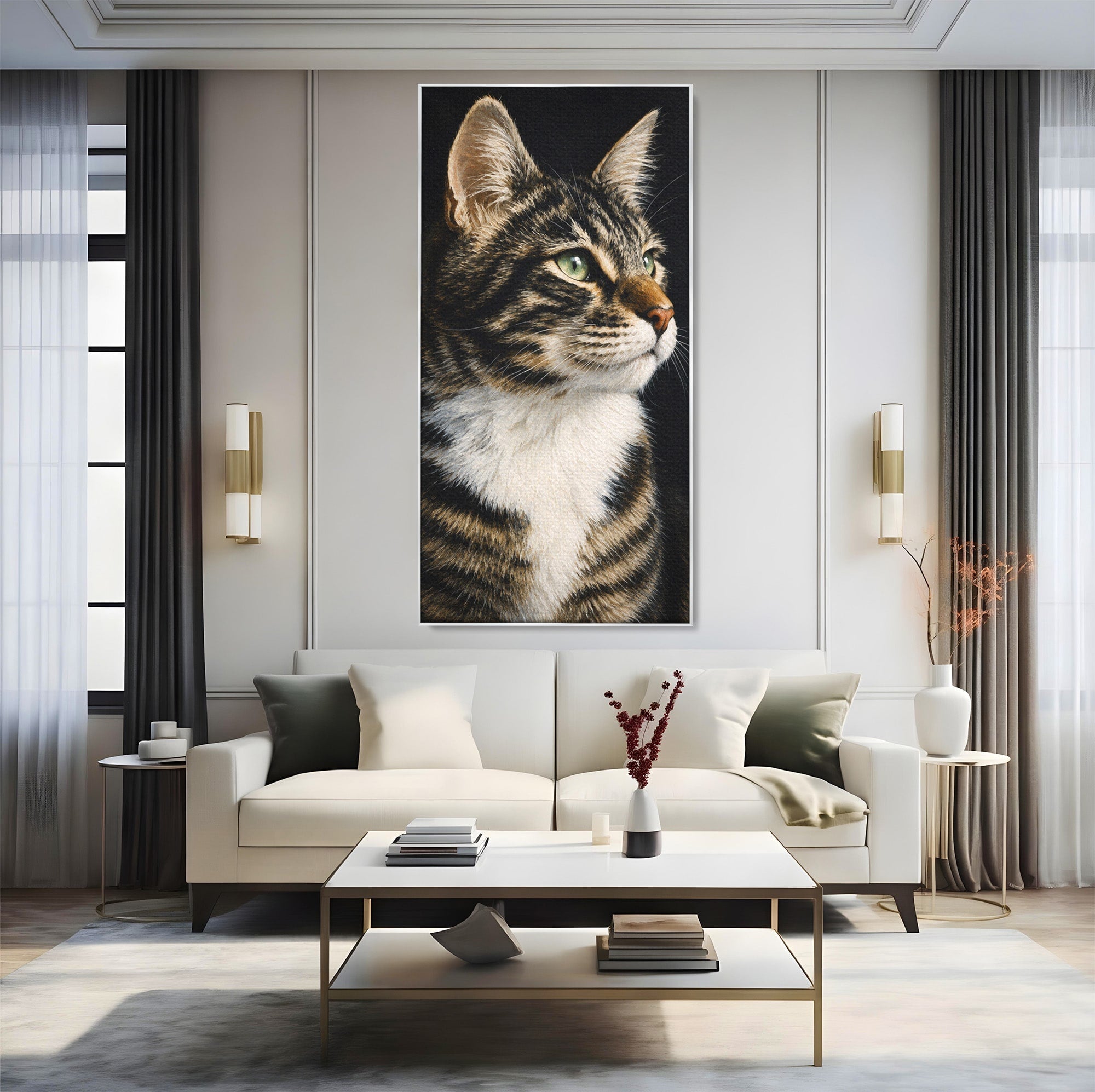 Tablou Canvas Premium LuxCanva® M1596, Pisica Privind In Departare, Pisica, Animale, Portret, Realism, Dormitor, Culori Vibrante