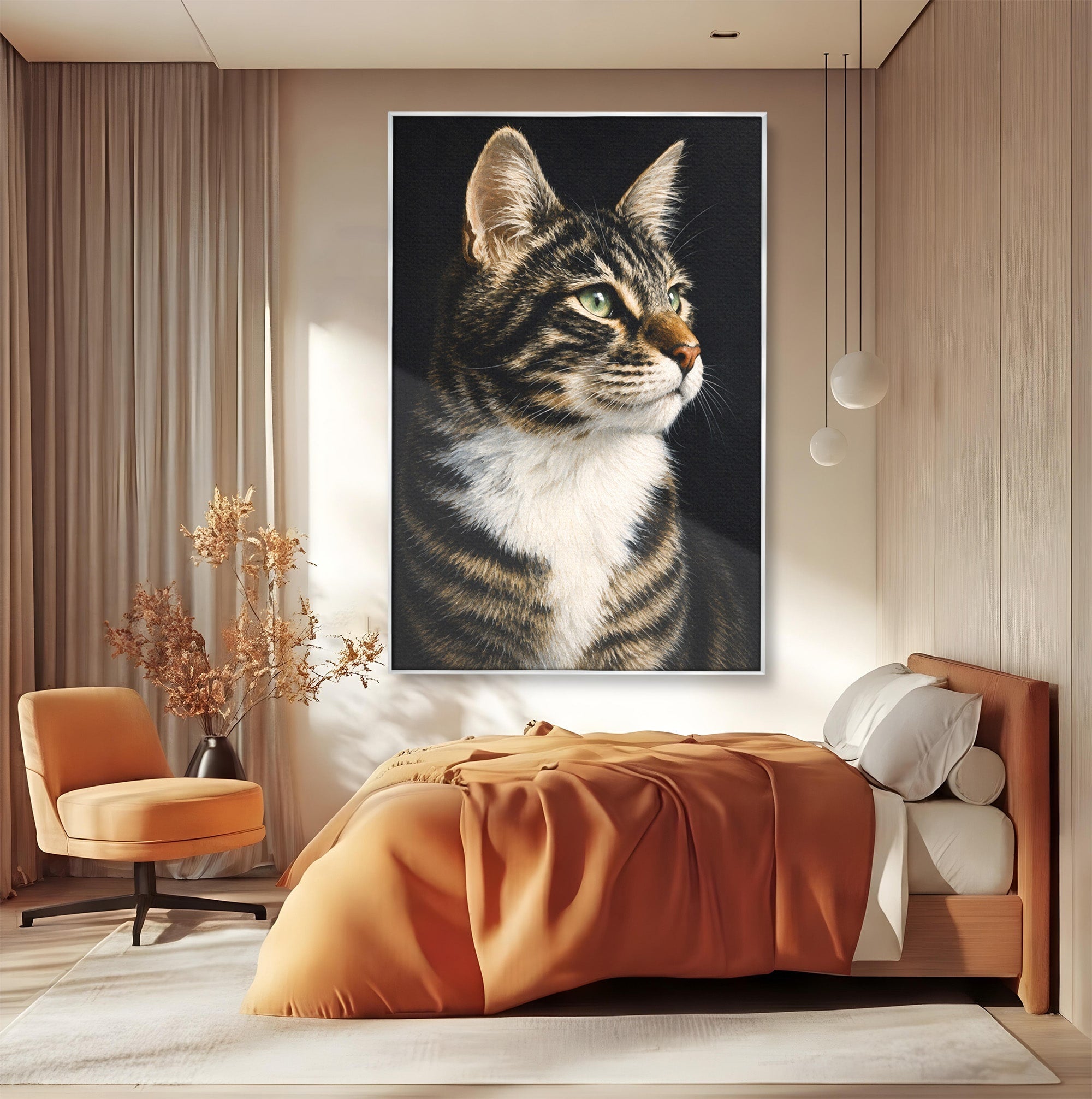 Tablou Canvas Premium LuxCanva® M1596, Pisica Privind In Departare, Pisica, Animale, Portret, Realism, Dormitor, Culori Vibrante