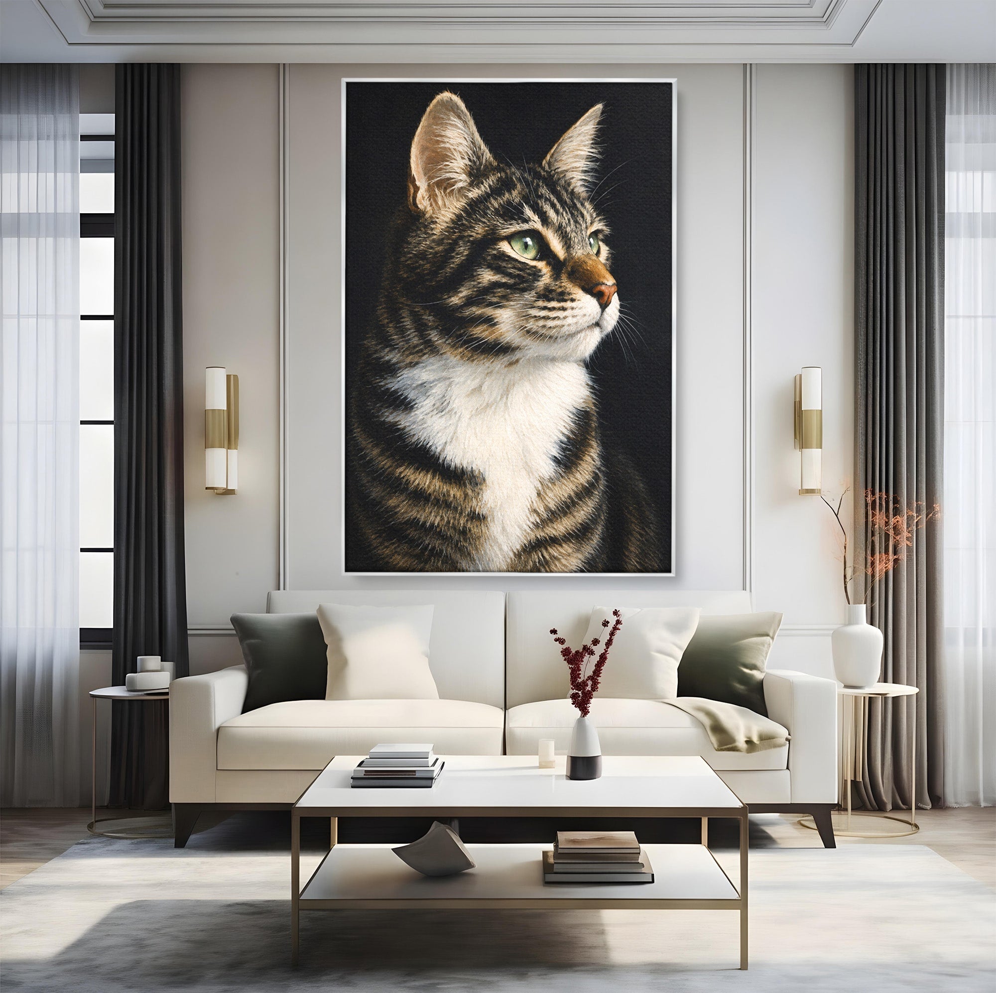 Tablou Canvas Premium LuxCanva® M1596, Pisica Privind In Departare, Pisica, Animale, Portret, Realism, Dormitor, Culori Vibrante