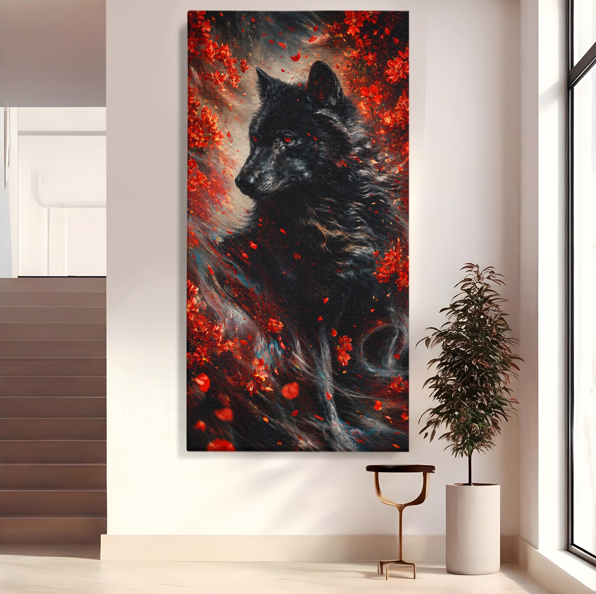 Tablou Canvas Premium LuxCanva® M1597, Lupul Mistic, Lup, Natura, Mistic, Flori, Living, Culori Vibrante