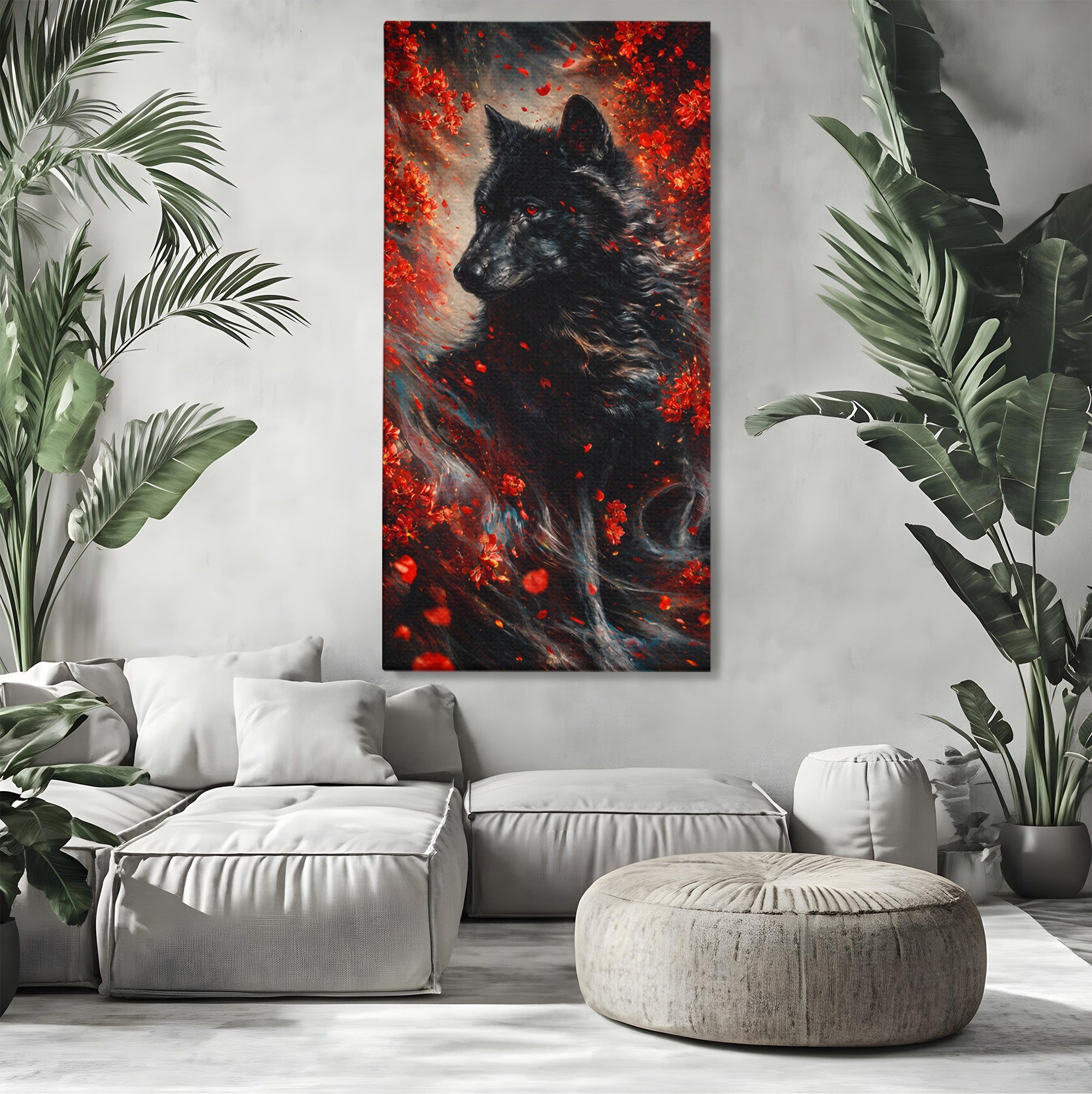 Tablou Canvas Premium LuxCanva® M1597, Lupul Mistic, Lup, Natura, Mistic, Flori, Living, Culori Vibrante