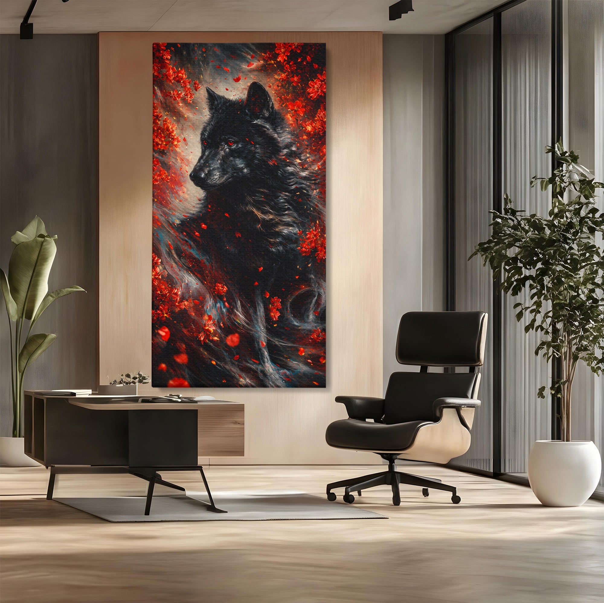 Tablou Canvas Premium LuxCanva® M1597, Lupul Mistic, Lup, Natura, Mistic, Flori, Living, Culori Vibrante