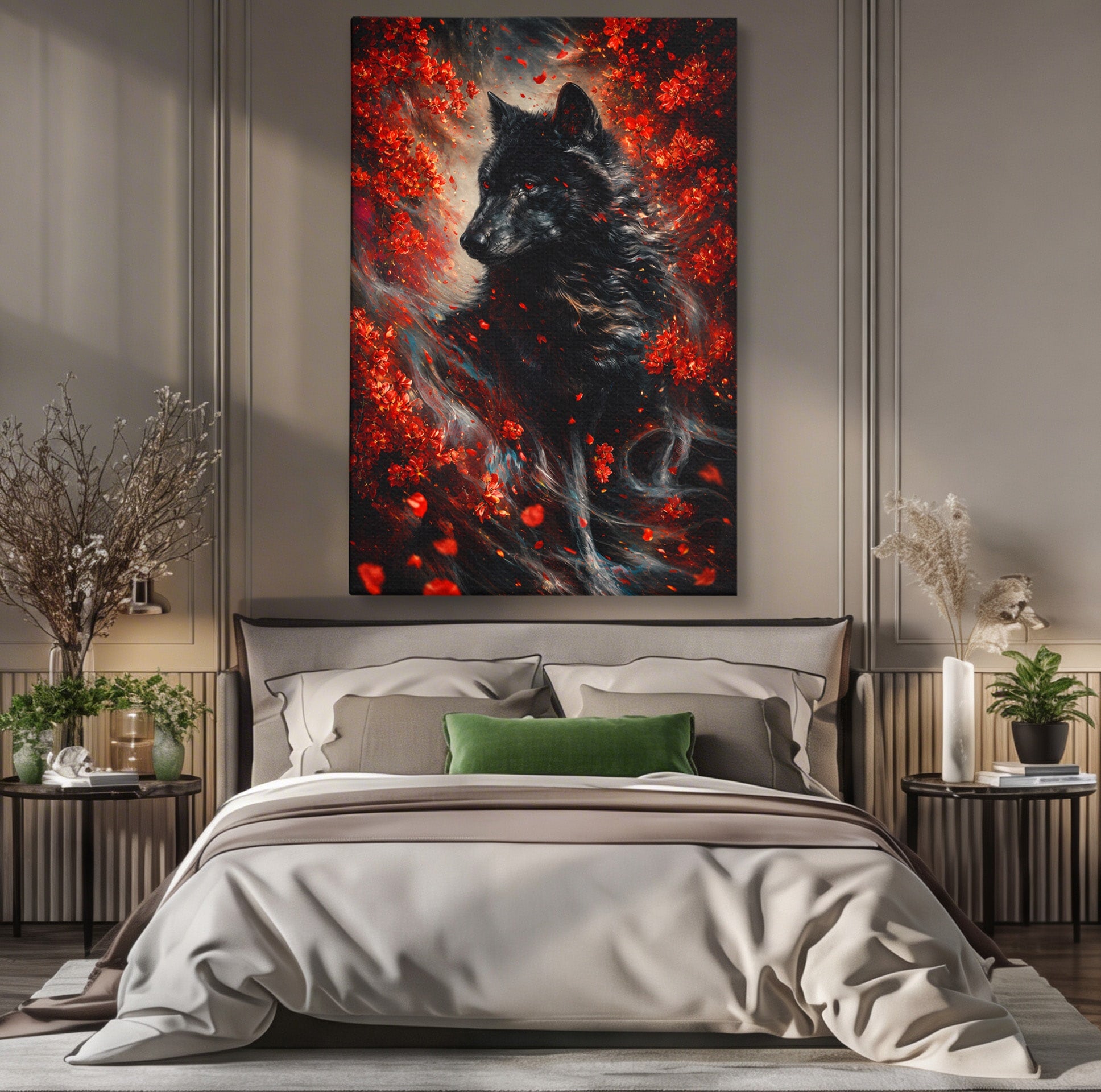 Tablou Canvas Premium LuxCanva® M1597, Lupul Mistic, Lup, Natura, Mistic, Flori, Living, Culori Vibrante