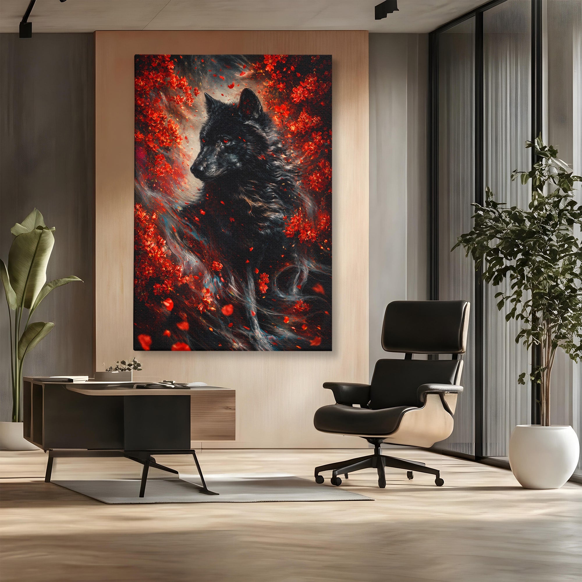 Tablou Canvas Premium LuxCanva® M1597, Lupul Mistic, Lup, Natura, Mistic, Flori, Living, Culori Vibrante