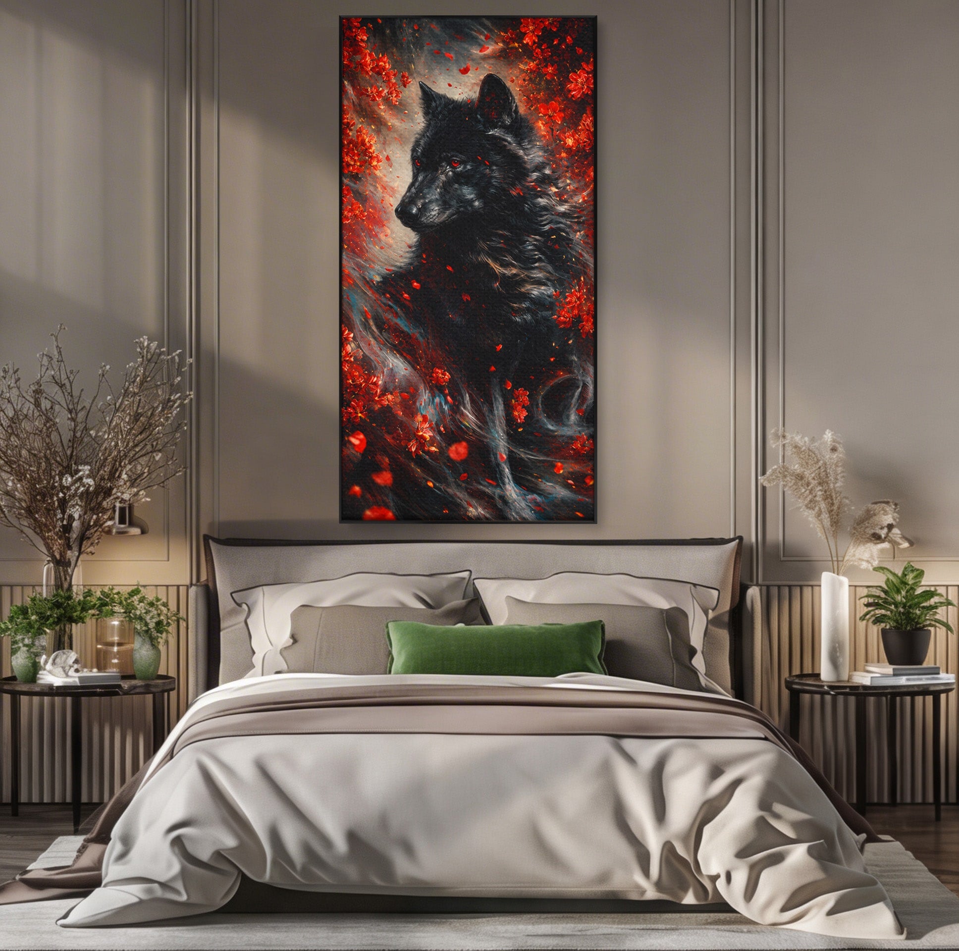 Tablou Canvas Premium LuxCanva® M1597, Lupul Mistic, Lup, Natura, Mistic, Flori, Living, Culori Vibrante