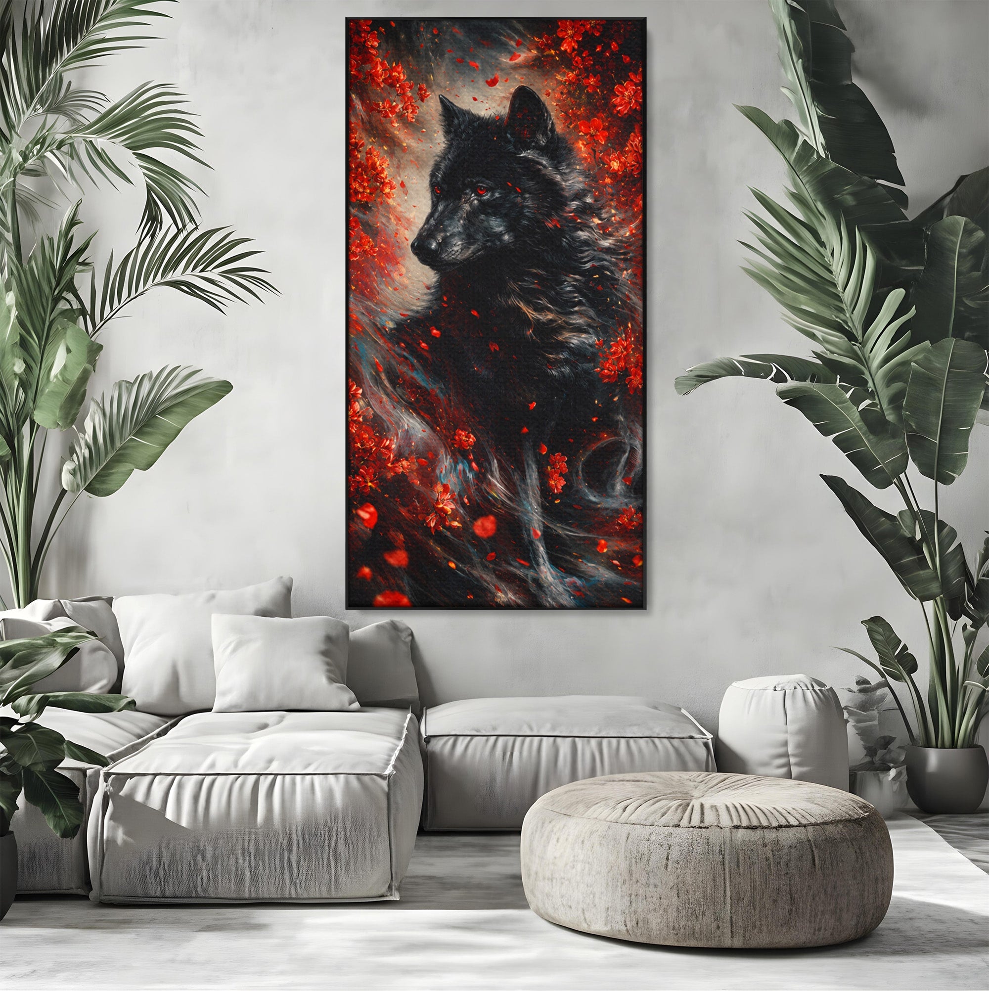 Tablou Canvas Premium LuxCanva® M1597, Lupul Mistic, Lup, Natura, Mistic, Flori, Living, Culori Vibrante