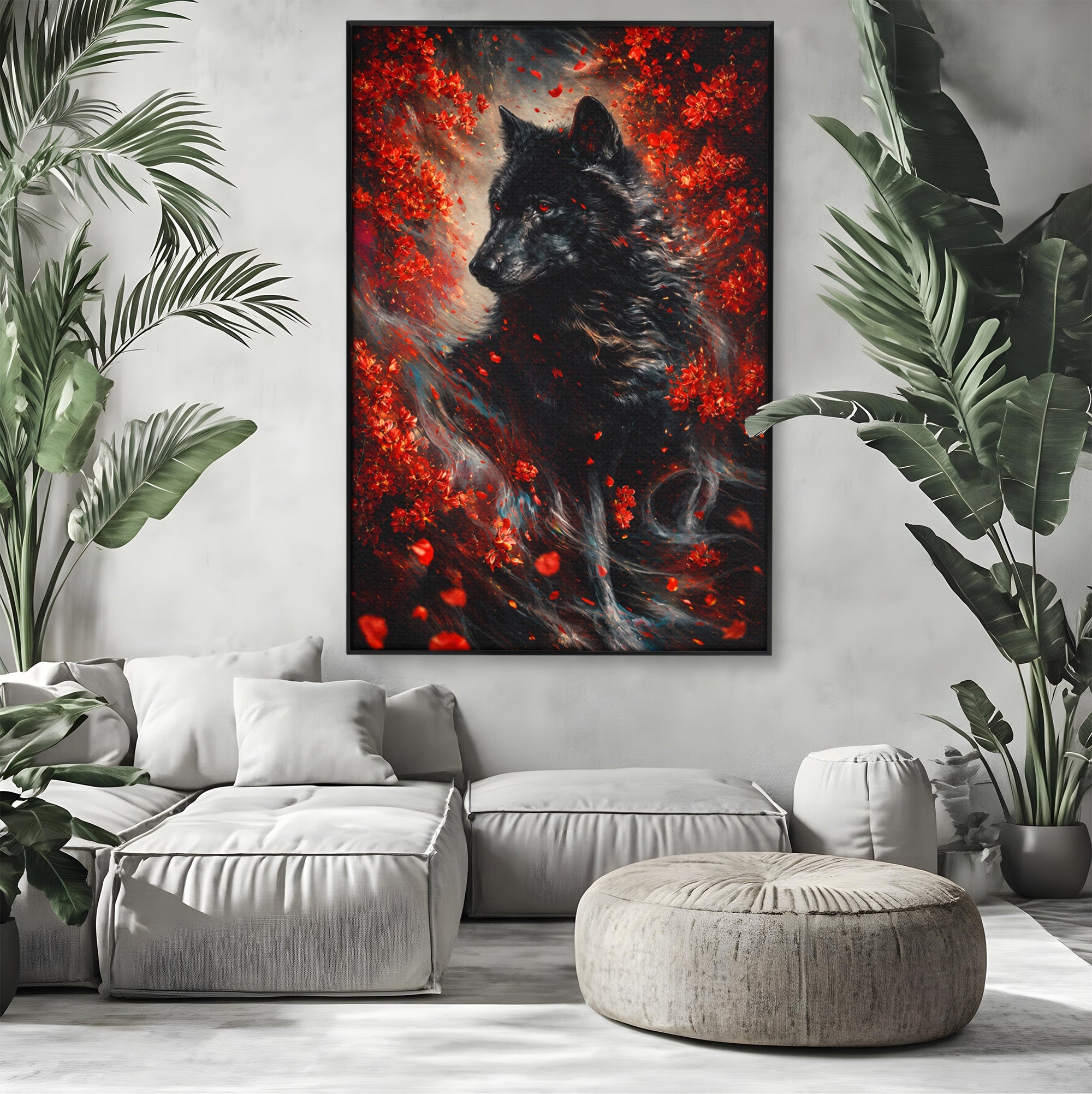 Tablou Canvas Premium LuxCanva® M1597, Lupul Mistic, Lup, Natura, Mistic, Flori, Living, Culori Vibrante