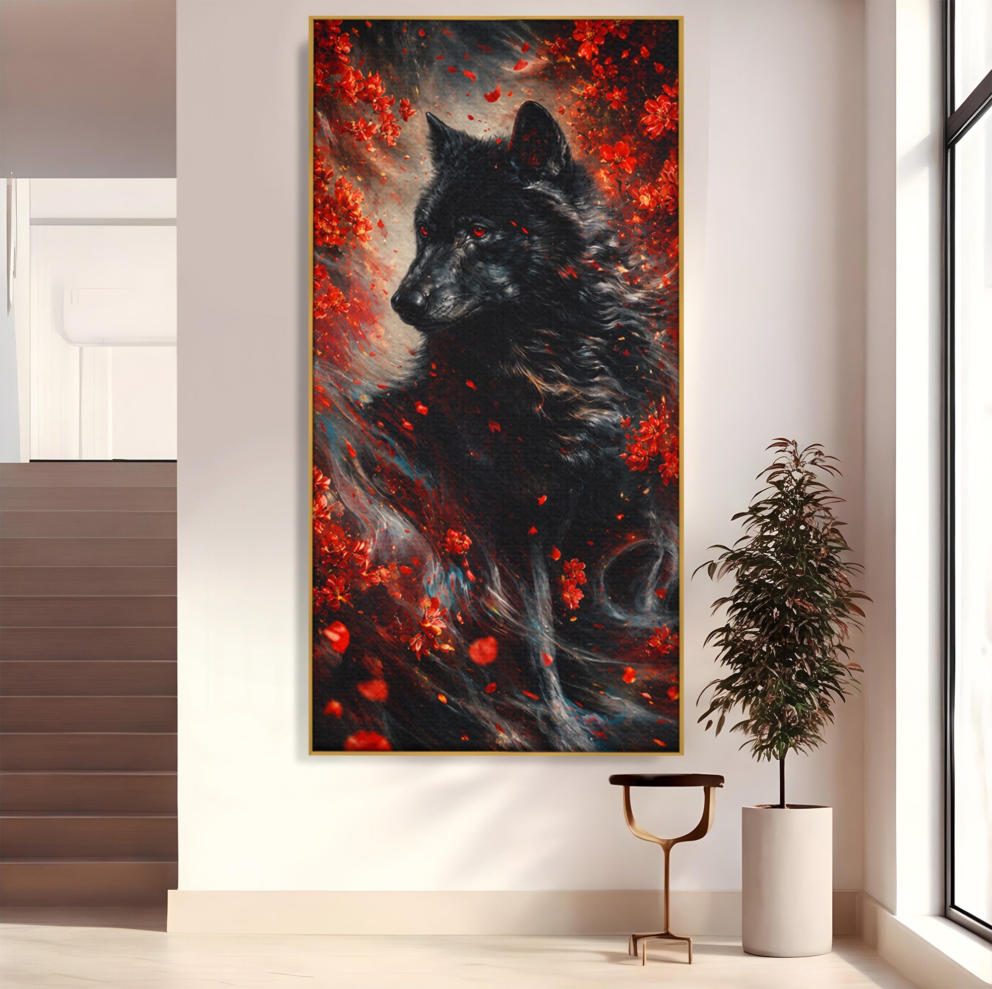 Tablou Canvas Premium LuxCanva® M1597, Lupul Mistic, Lup, Natura, Mistic, Flori, Living, Culori Vibrante