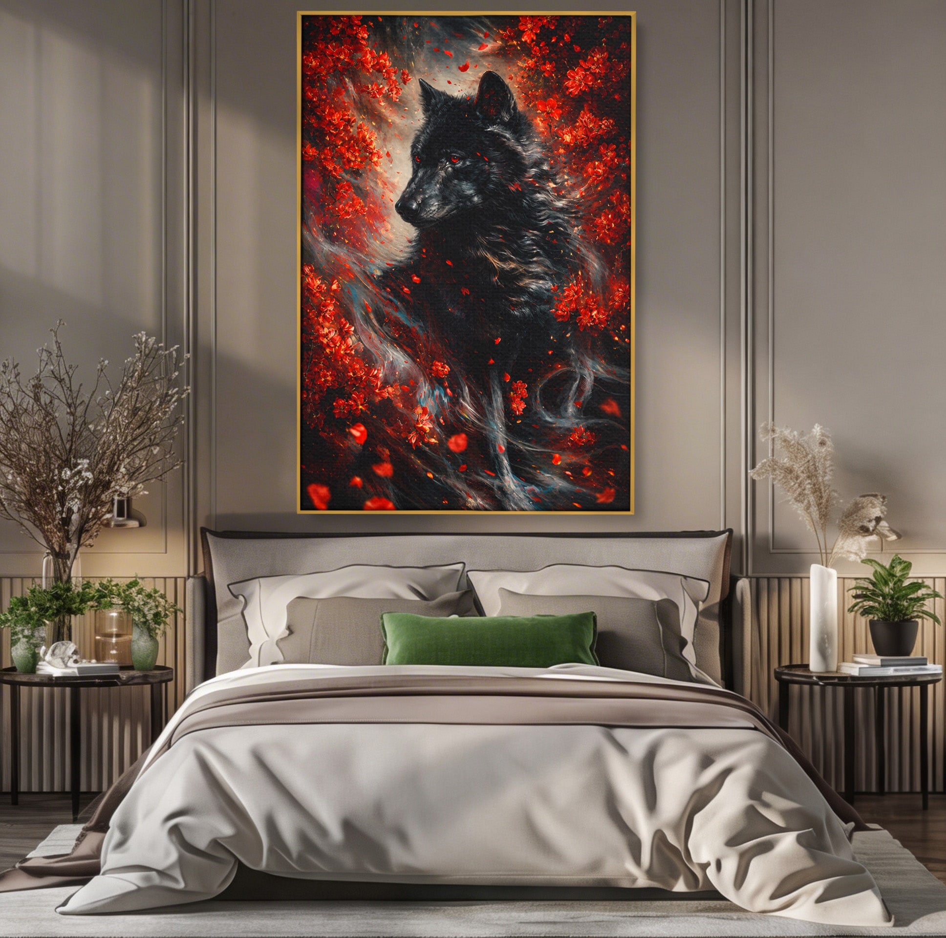 Tablou Canvas Premium LuxCanva® M1597, Lupul Mistic, Lup, Natura, Mistic, Flori, Living, Culori Vibrante