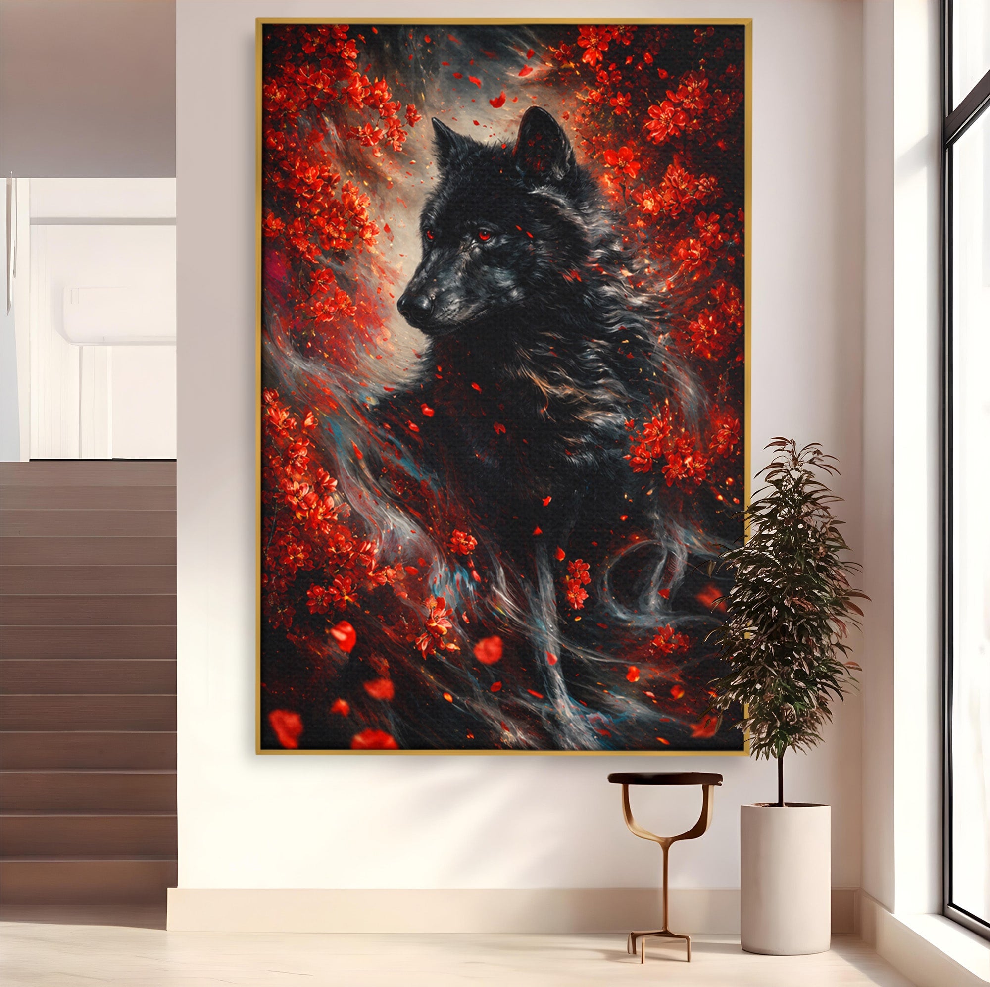 Tablou Canvas Premium LuxCanva® M1597, Lupul Mistic, Lup, Natura, Mistic, Flori, Living, Culori Vibrante