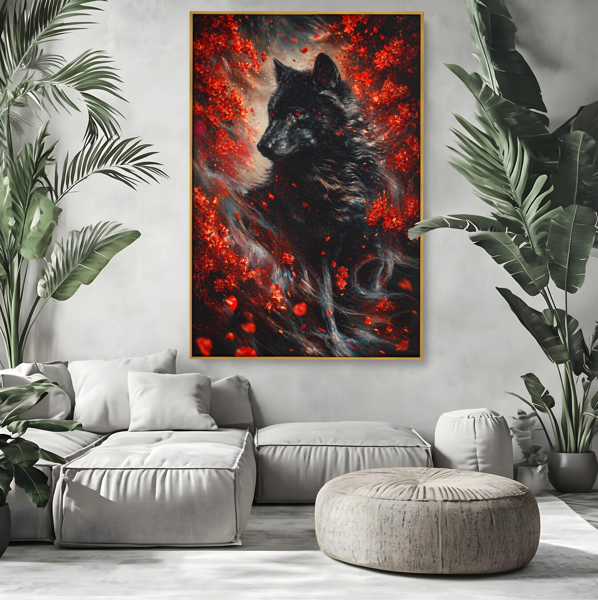 Tablou Canvas Premium LuxCanva® M1597, Lupul Mistic, Lup, Natura, Mistic, Flori, Living, Culori Vibrante