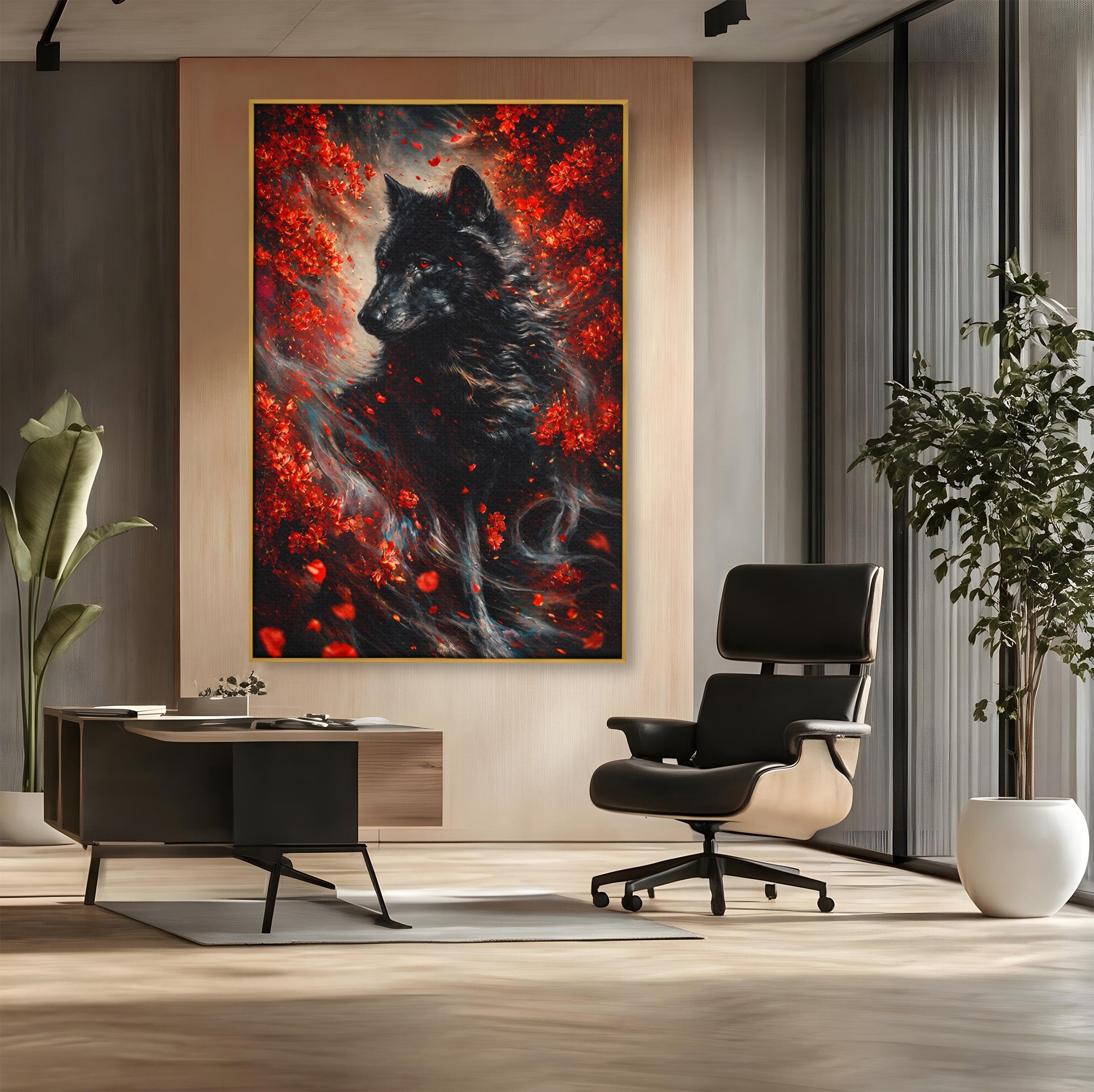 Tablou Canvas Premium LuxCanva® M1597, Lupul Mistic, Lup, Natura, Mistic, Flori, Living, Culori Vibrante