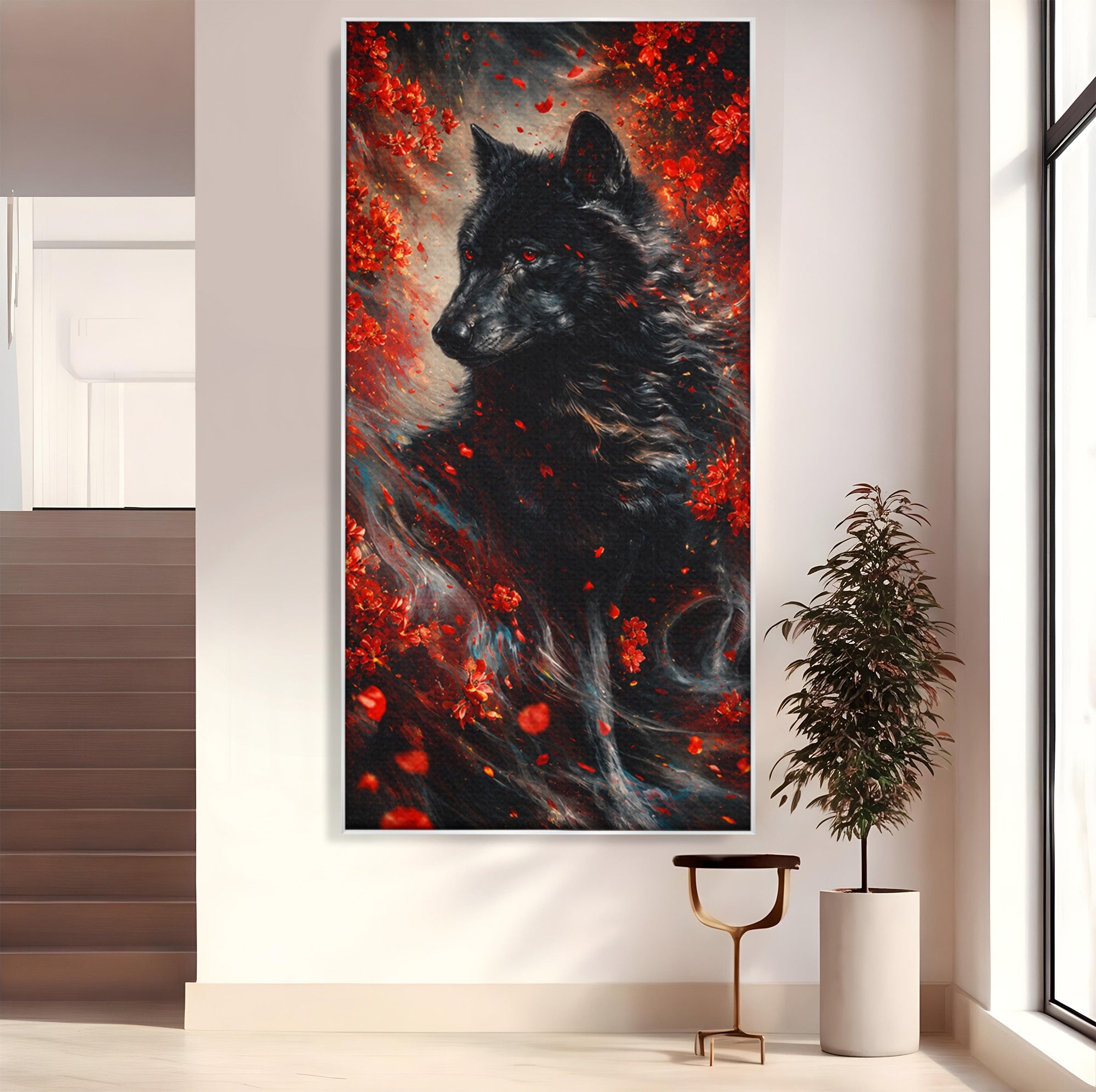 Tablou Canvas Premium LuxCanva® M1597, Lupul Mistic, Lup, Natura, Mistic, Flori, Living, Culori Vibrante