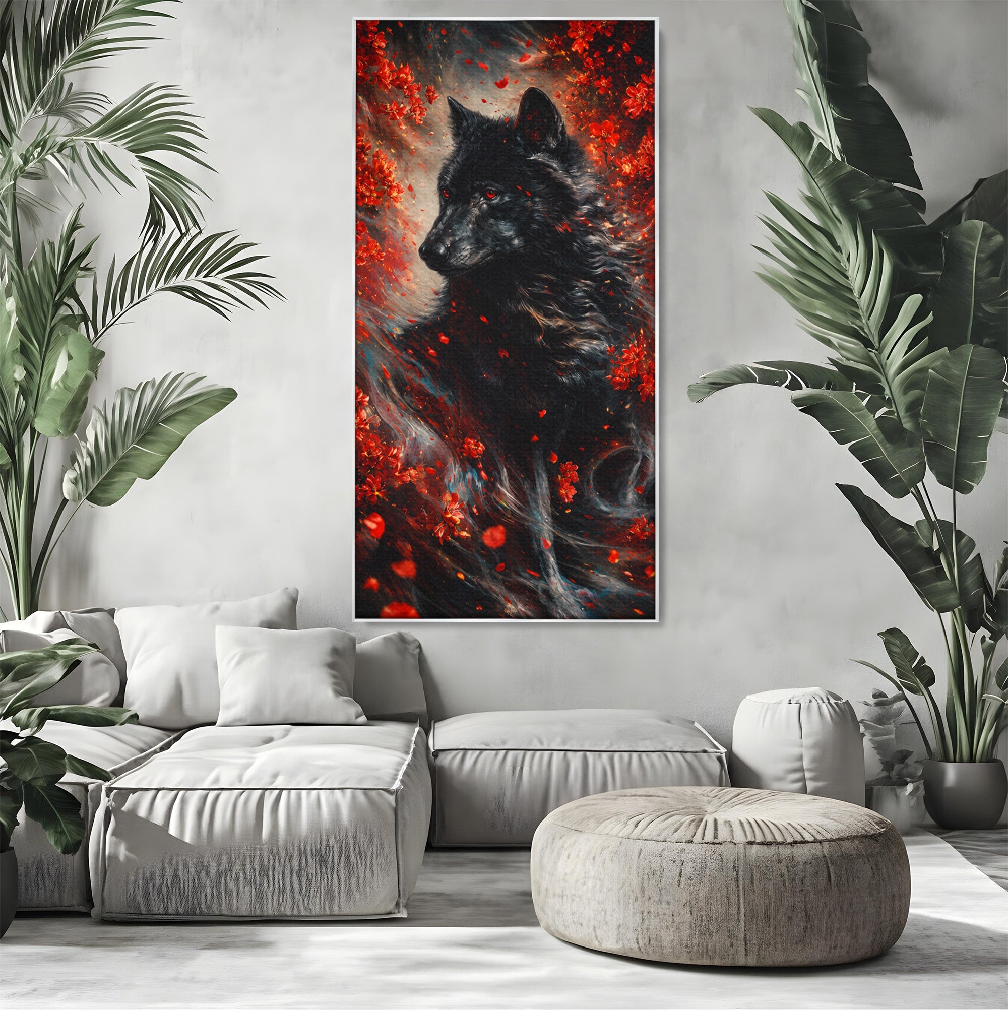 Tablou Canvas Premium LuxCanva® M1597, Lupul Mistic, Lup, Natura, Mistic, Flori, Living, Culori Vibrante