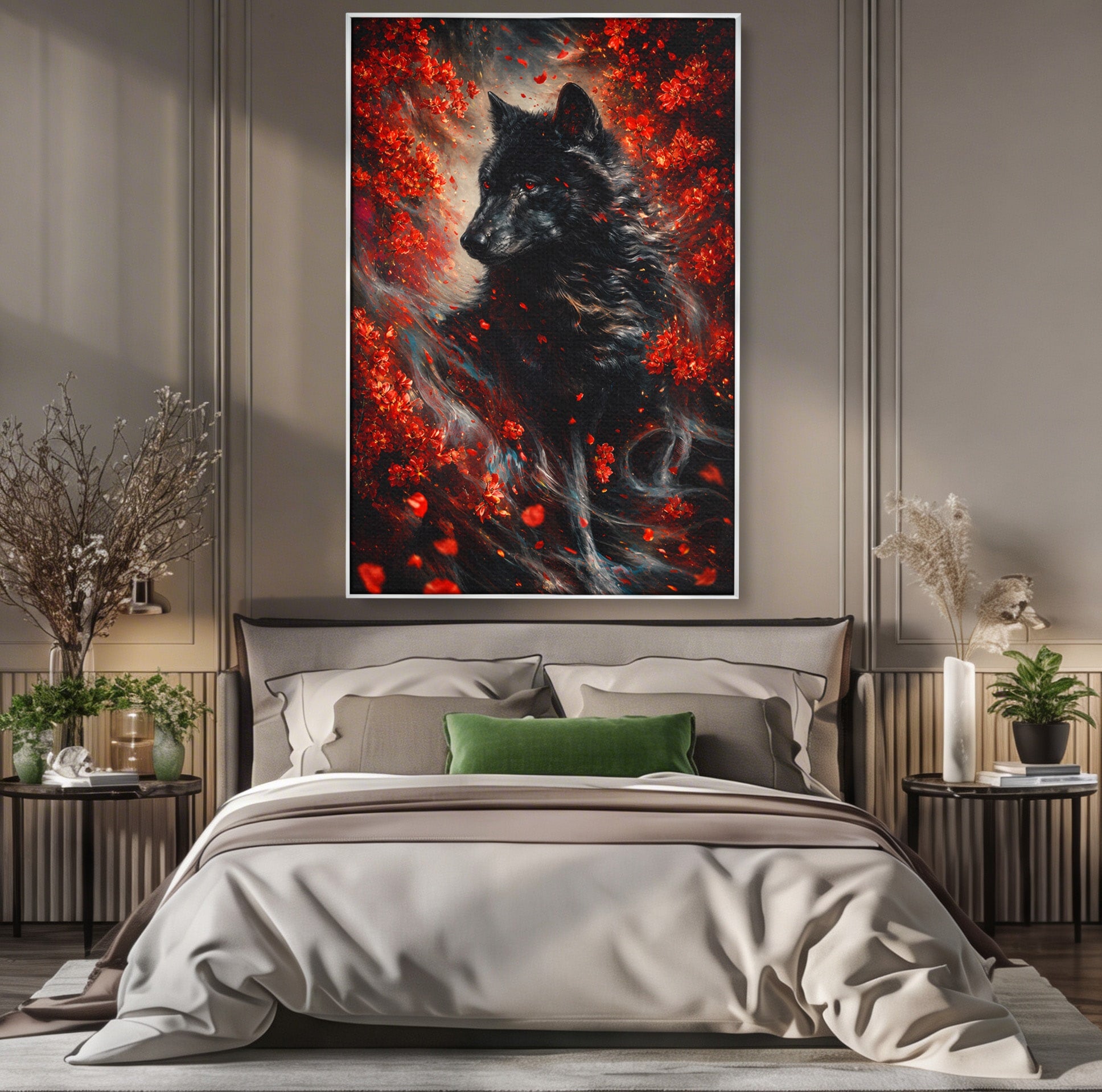 Tablou Canvas Premium LuxCanva® M1597, Lupul Mistic, Lup, Natura, Mistic, Flori, Living, Culori Vibrante