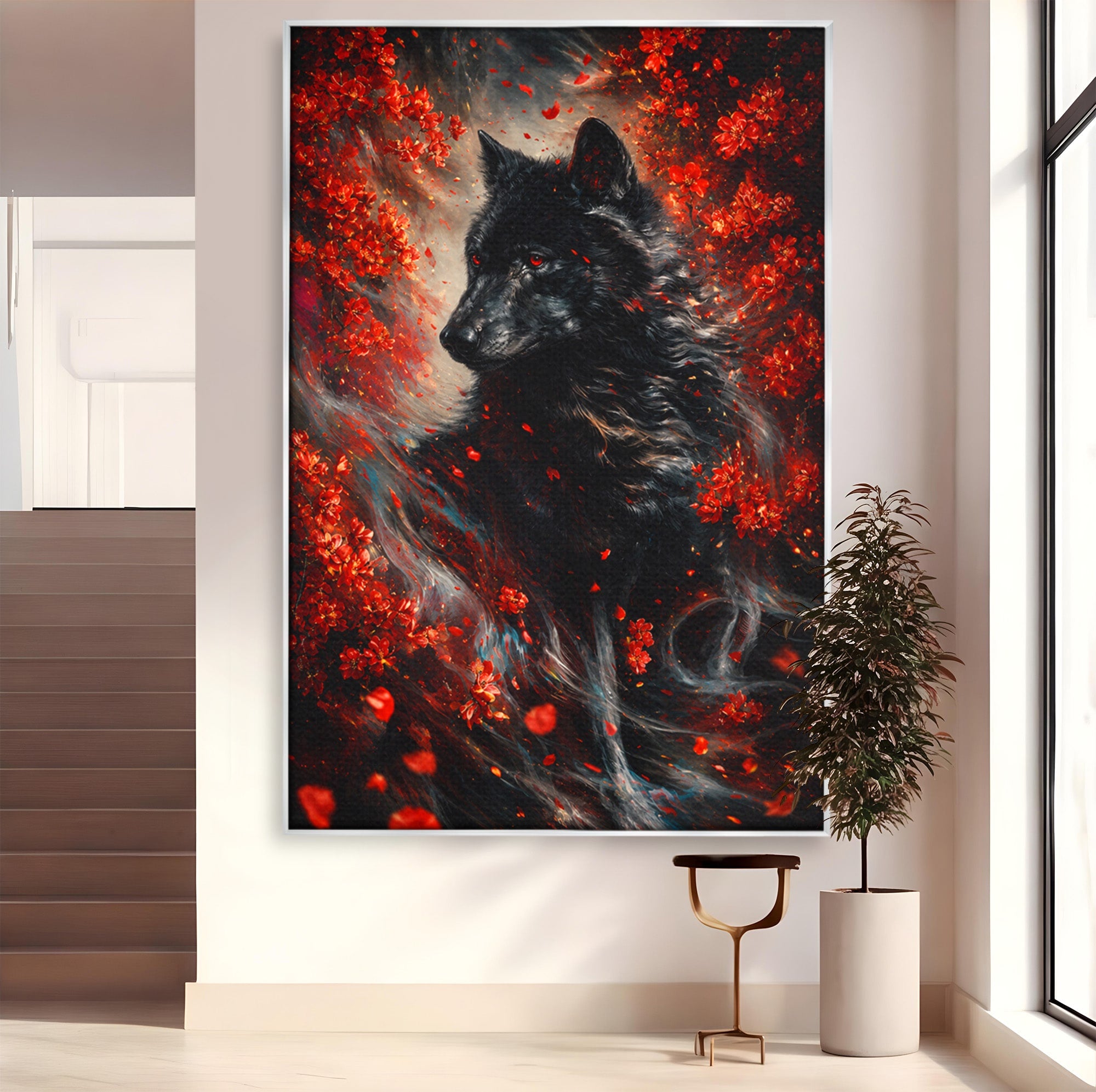 Tablou Canvas Premium LuxCanva® M1597, Lupul Mistic, Lup, Natura, Mistic, Flori, Living, Culori Vibrante