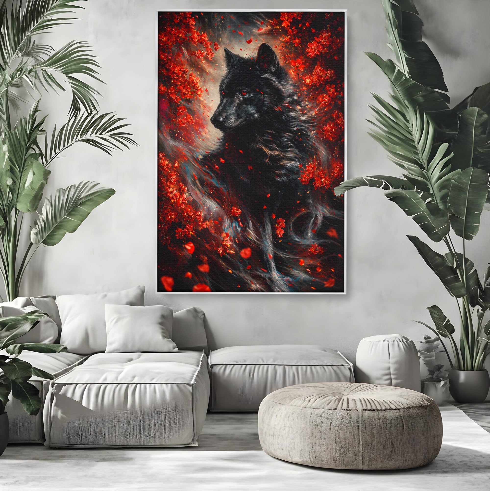 Tablou Canvas Premium LuxCanva® M1597, Lupul Mistic, Lup, Natura, Mistic, Flori, Living, Culori Vibrante