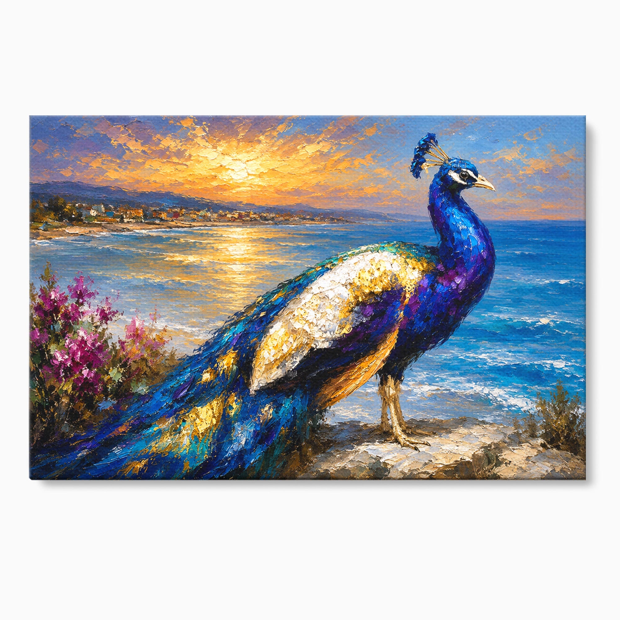 Tablou Canvas Premium LuxCanva® M1600, Paun La Apus, Paun, Apus, Mare, Natura, Living, Culori Vibrante