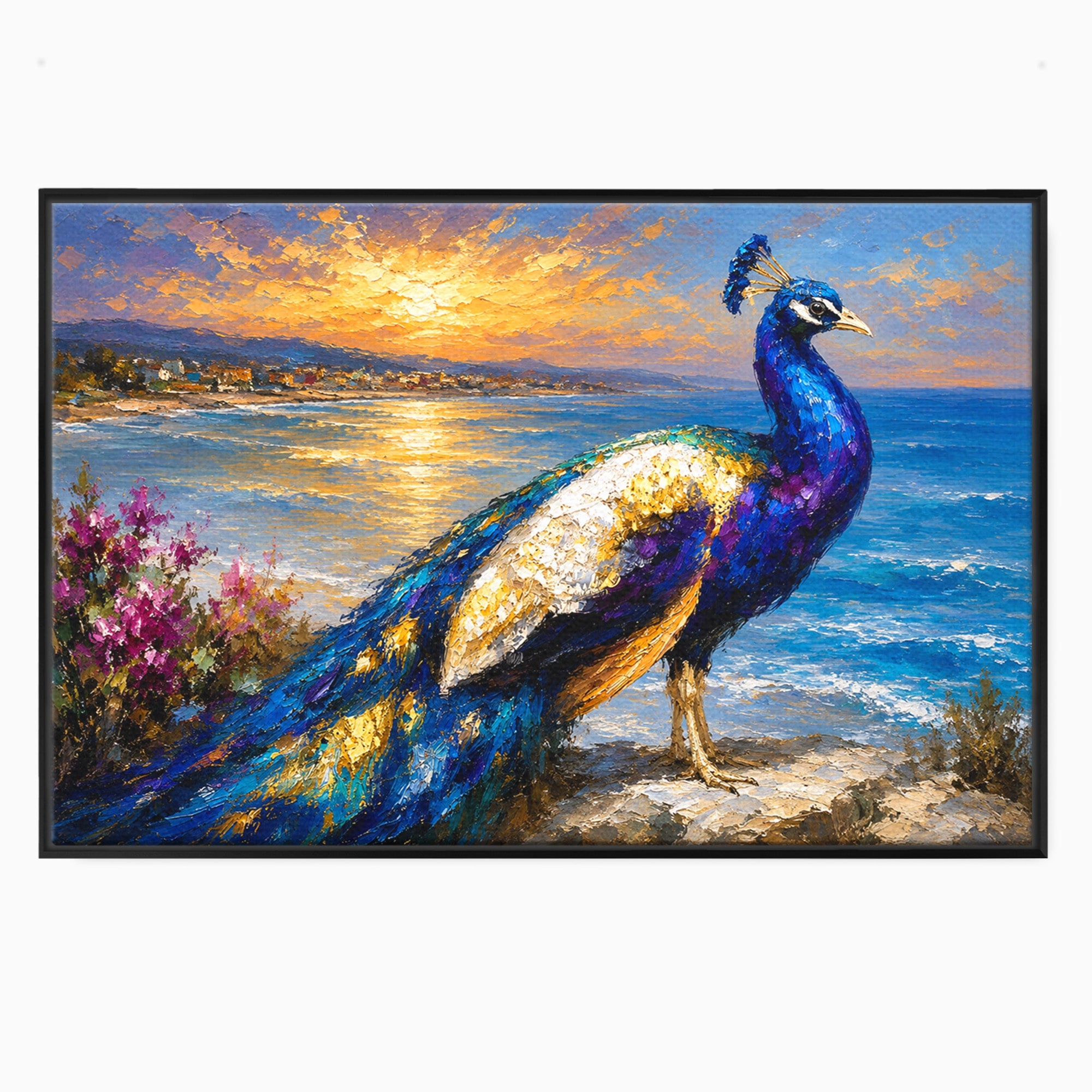 Tablou Canvas Premium LuxCanva® M1600, Paun La Apus, Paun, Apus, Mare, Natura, Living, Culori Vibrante
