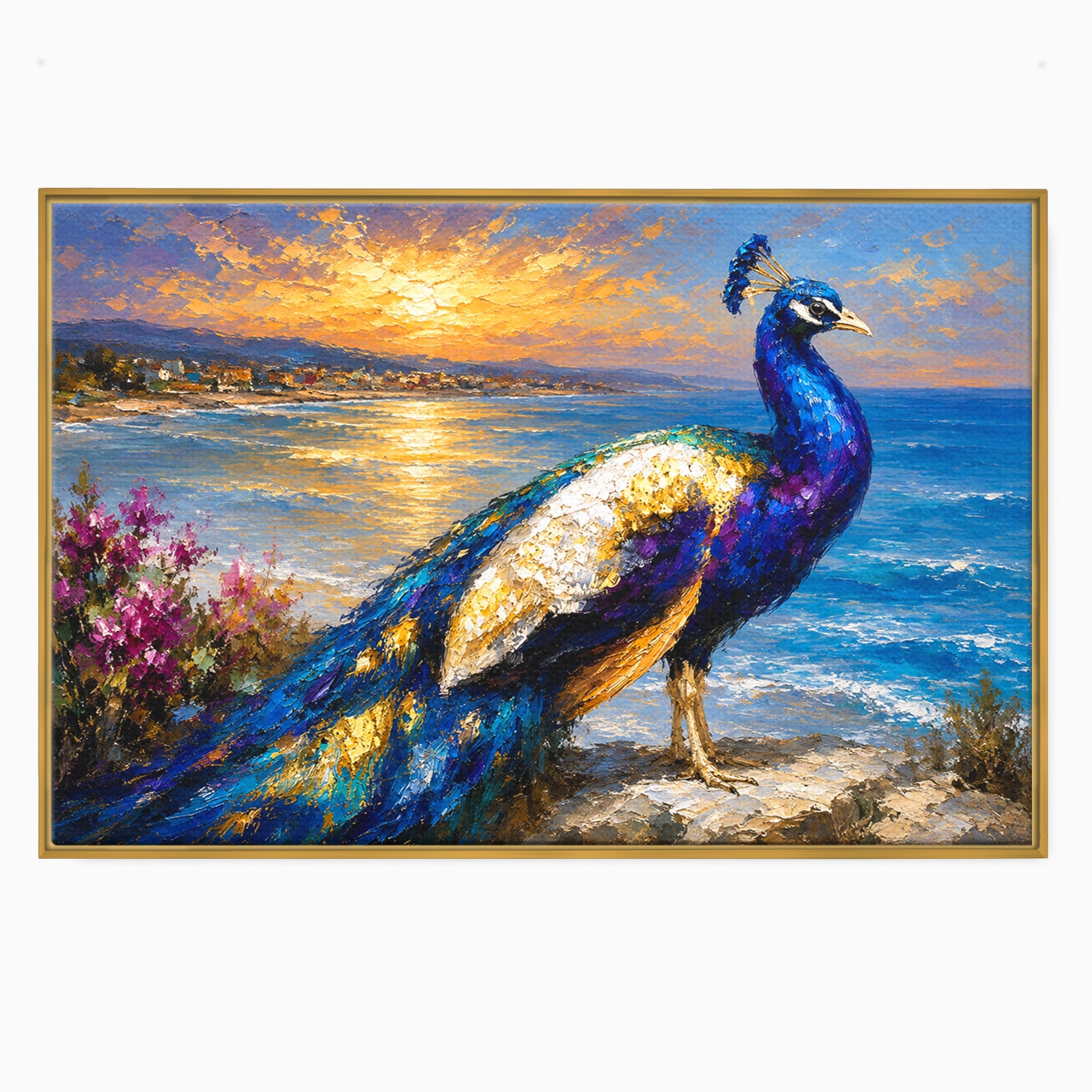 Tablou Canvas Premium LuxCanva® M1600, Paun La Apus, Paun, Apus, Mare, Natura, Living, Culori Vibrante