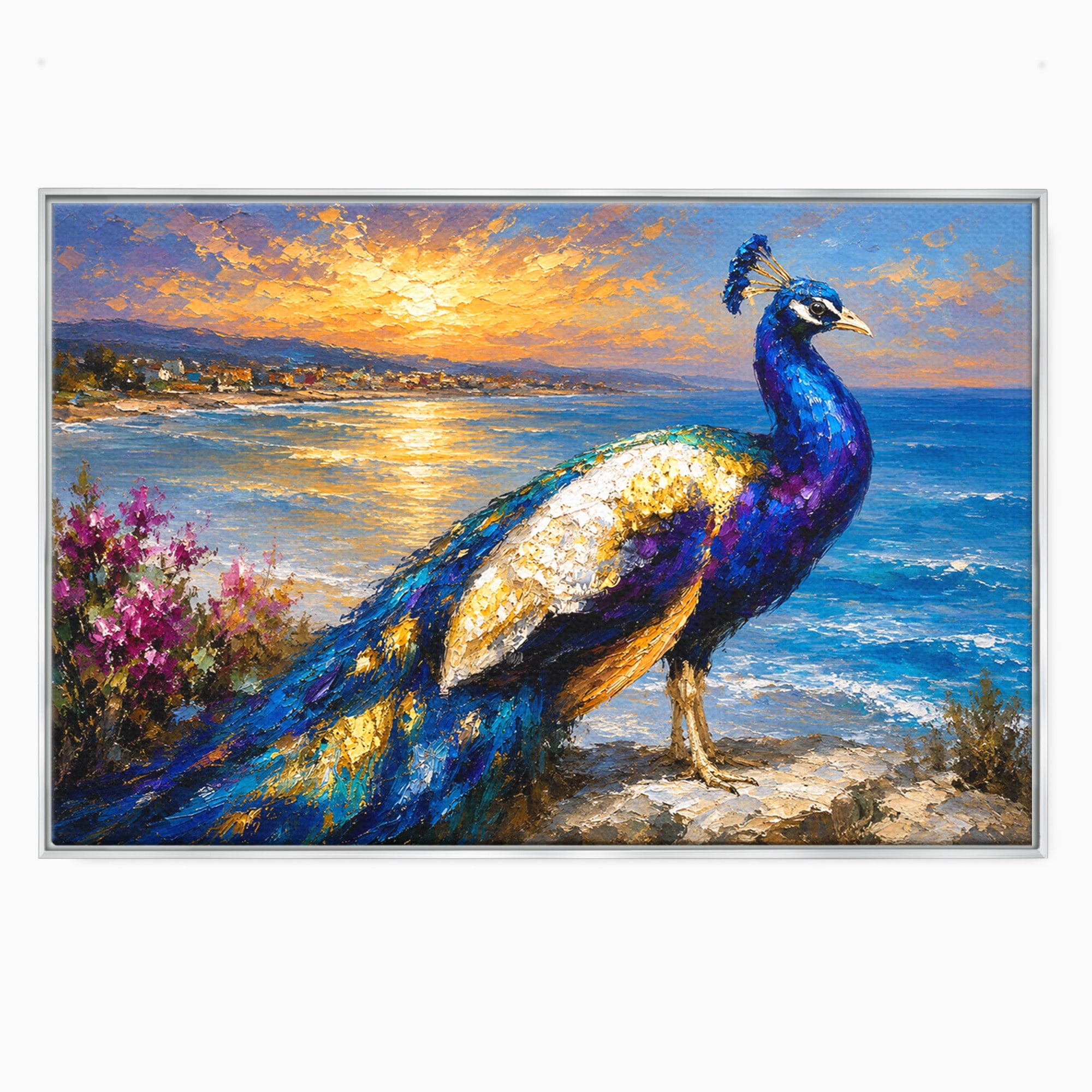 Tablou Canvas Premium LuxCanva® M1600, Paun La Apus, Paun, Apus, Mare, Natura, Living, Culori Vibrante