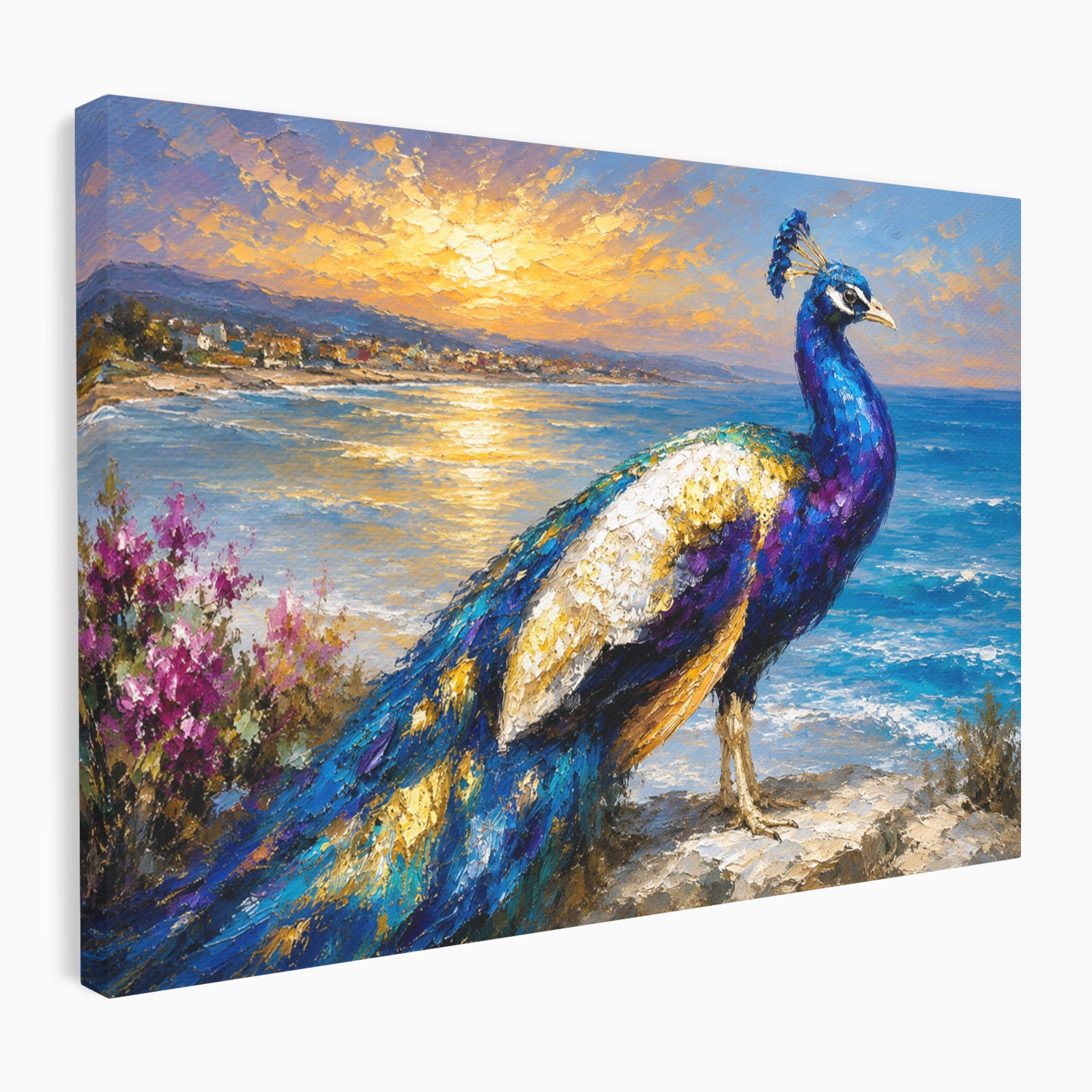 Tablou Canvas Premium LuxCanva® M1600, Paun La Apus, Paun, Apus, Mare, Natura, Living, Culori Vibrante