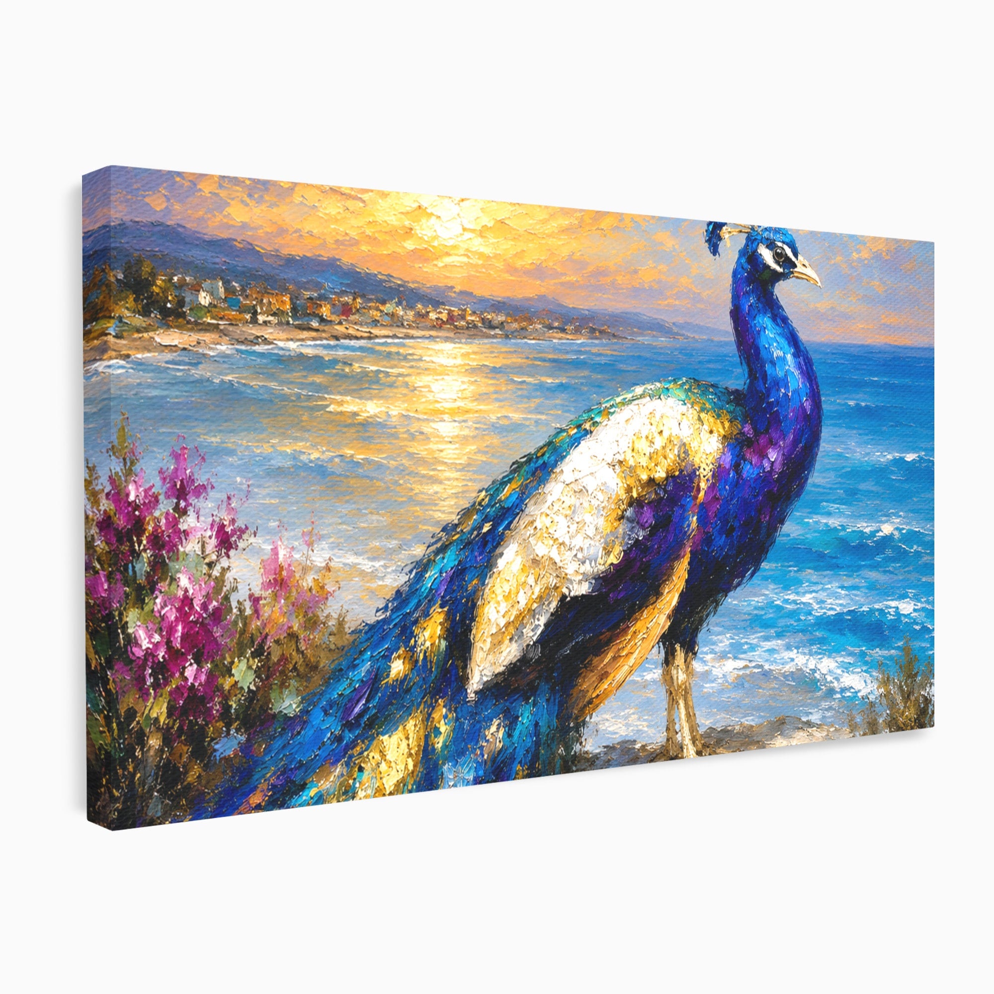 Tablou Canvas Premium LuxCanva® M1600, Paun La Apus, Paun, Apus, Mare, Natura, Living, Culori Vibrante