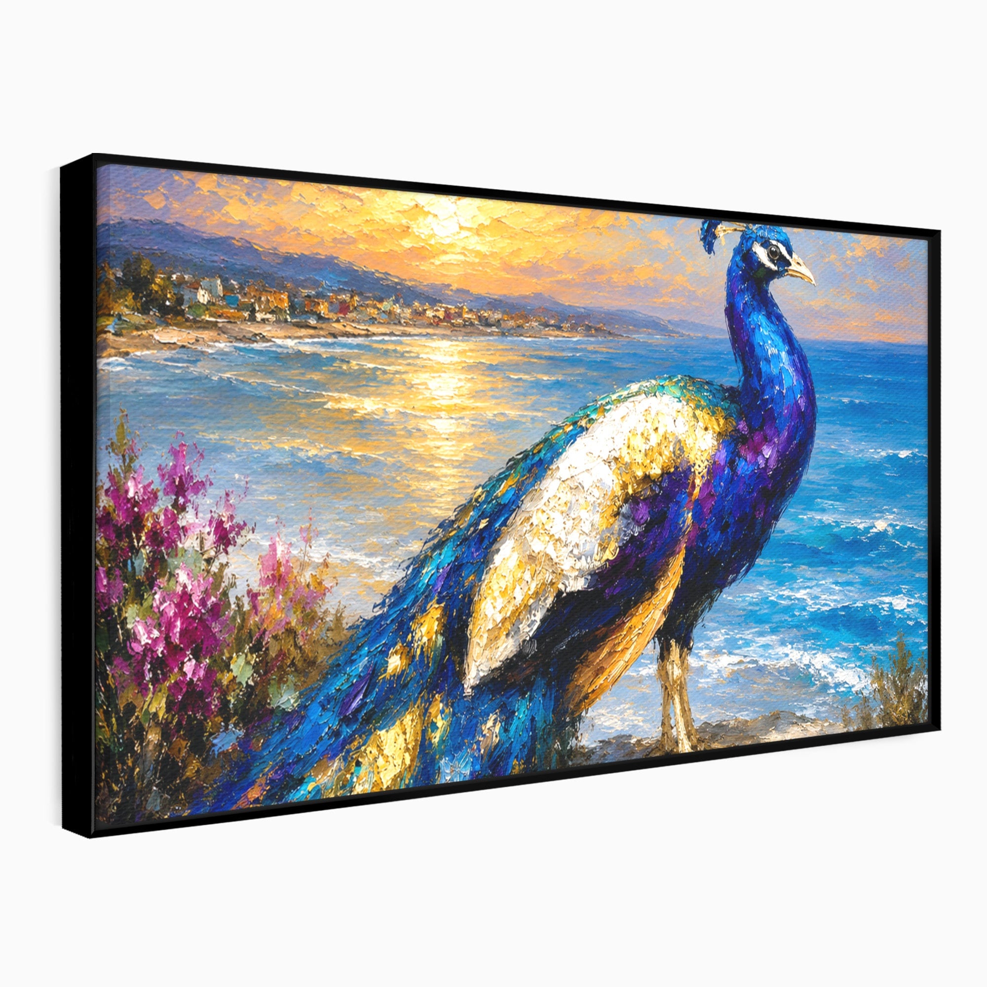Tablou Canvas Premium LuxCanva® M1600, Paun La Apus, Paun, Apus, Mare, Natura, Living, Culori Vibrante