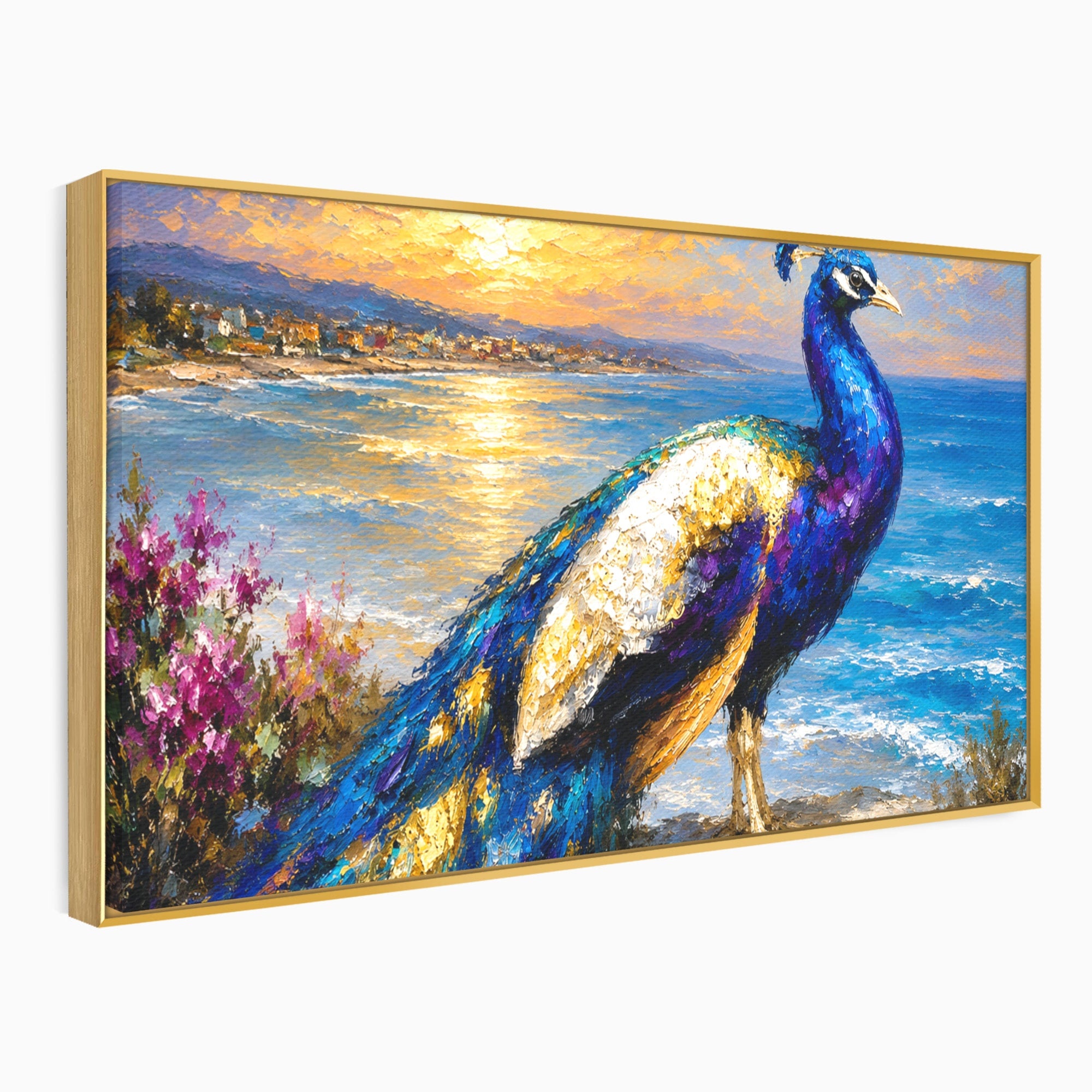 Tablou Canvas Premium LuxCanva® M1600, Paun La Apus, Paun, Apus, Mare, Natura, Living, Culori Vibrante